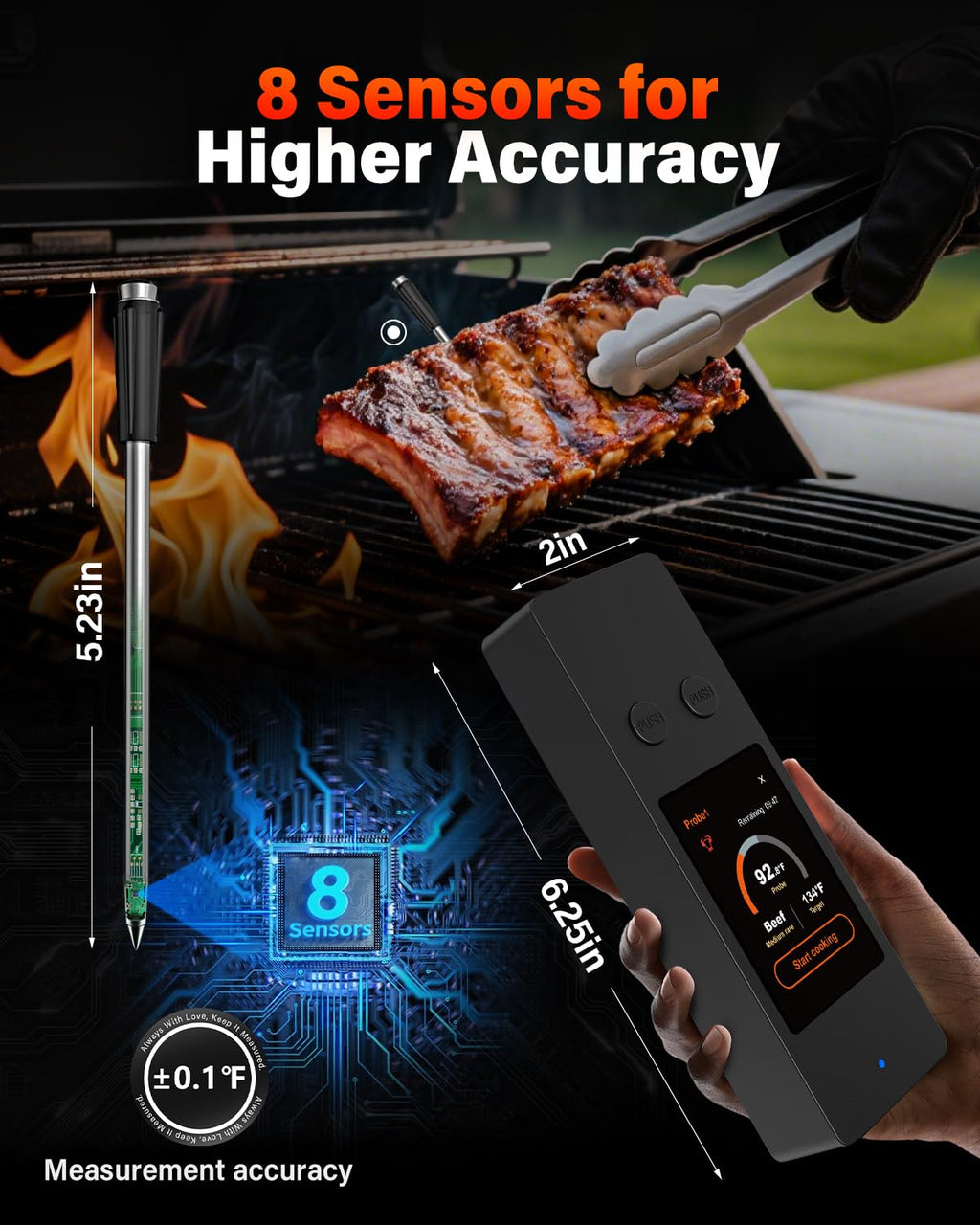 AWLKIM Wireless Meat Thermometer with Touchscreen Base, No Phone Needed — 2 Probes, 8 Sensors, Bluetooth 5.3, Rechargeable for Grill, BBQ, Smoker & Oven