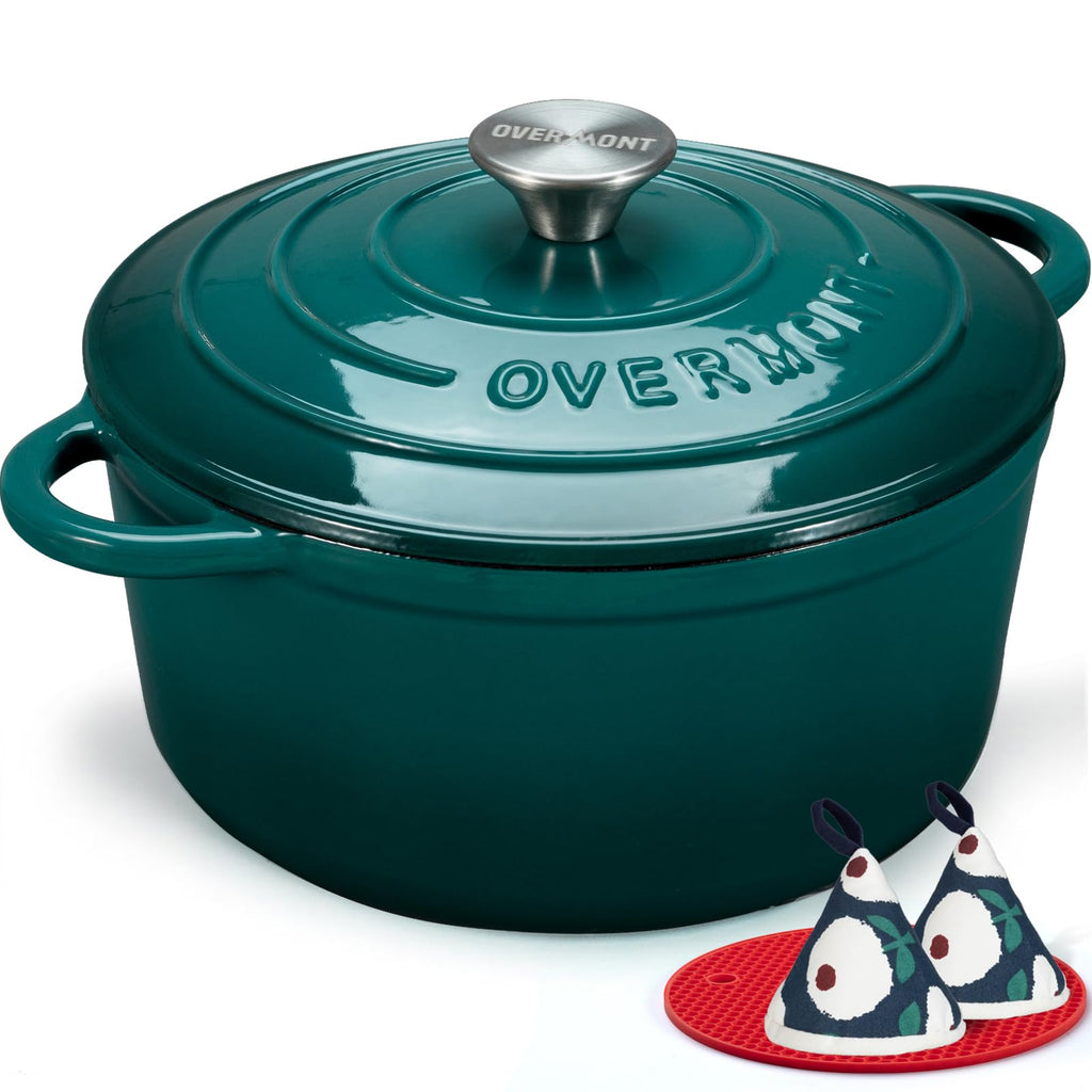 Overmont Enameled Cast Iron Dutch Oven - 4.5QT Pot with Lid Cookbook & Cotton Potholders - Heavy-Duty Cookware for Braising, Stews, Roasting, Sourdough Baking bottle green
