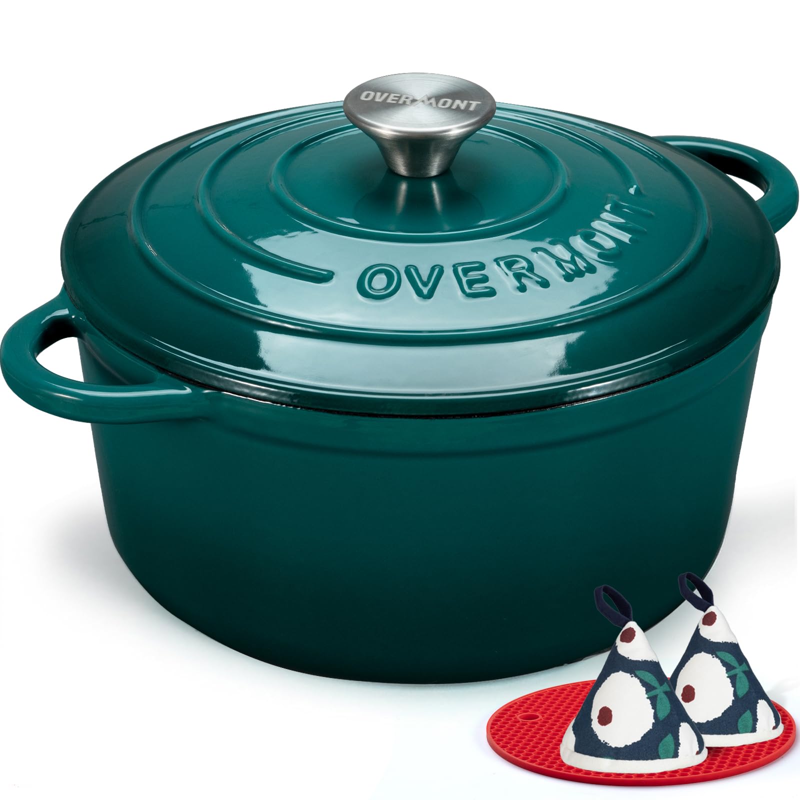 Overmont Enameled Cast Iron Dutch Oven - 4.5QT Pot with Lid Cookbook & Cotton Potholders - Heavy-Duty Cookware for Braising, Stews, Roasting, Sourdough Baking bottle green