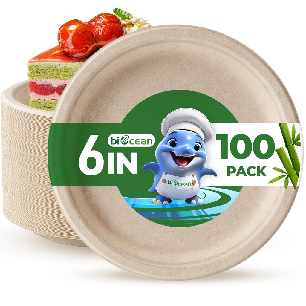 biocean 6 Inch Compostable Plates 100 Pack Heavy Duty Compostable Paper Plate, Disposable Eco-Friendly Sugarcane Bagasse Plate, Natural Brown Plates for Dinner, Dessert, and Weddings