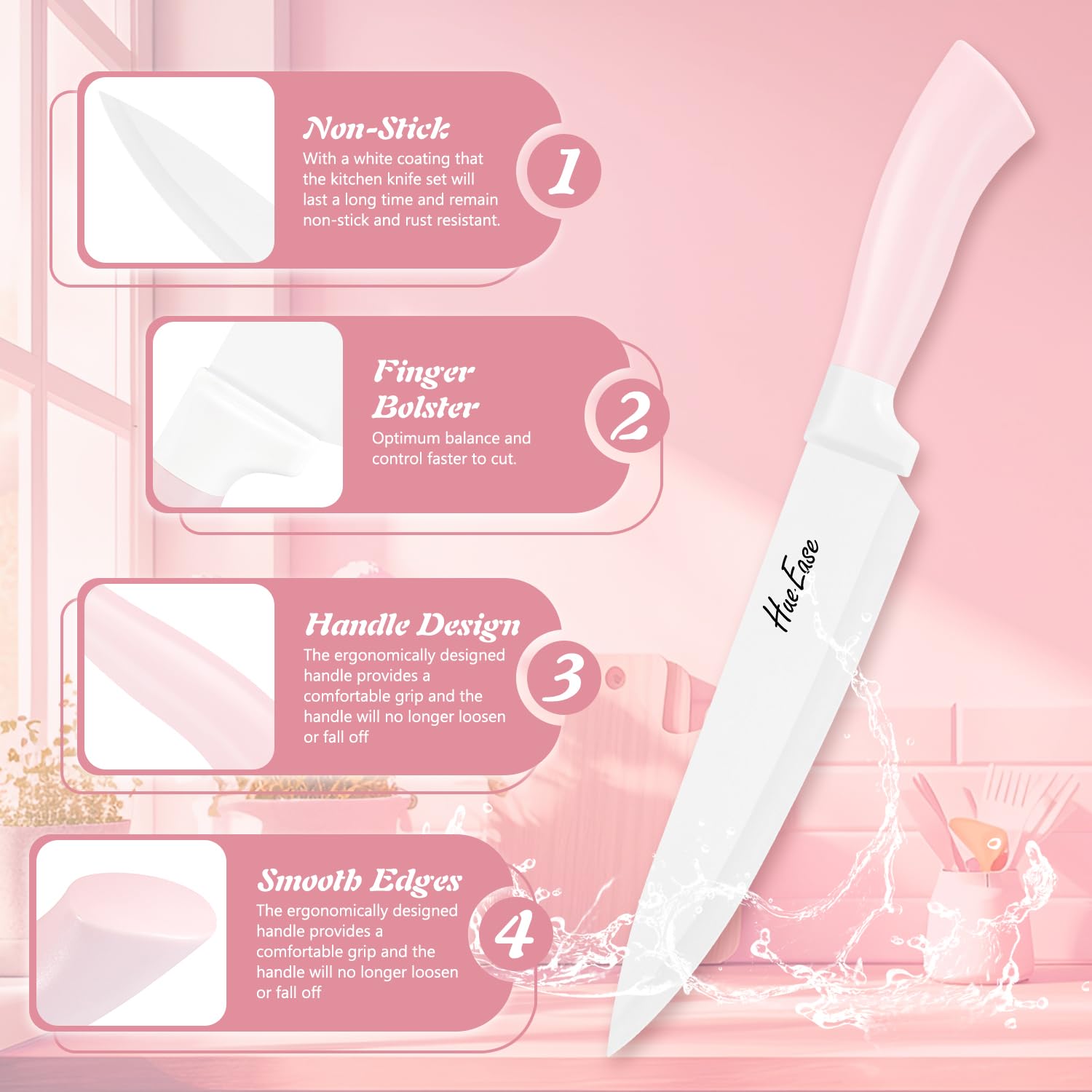 HueEase 14 Pieces Knife Set with Block, Ceramic White Coating, High Carbon Stainless Steel Sharp Blade Block Knife Set, Dishwasher Safe Cutlery, Colliding Pink