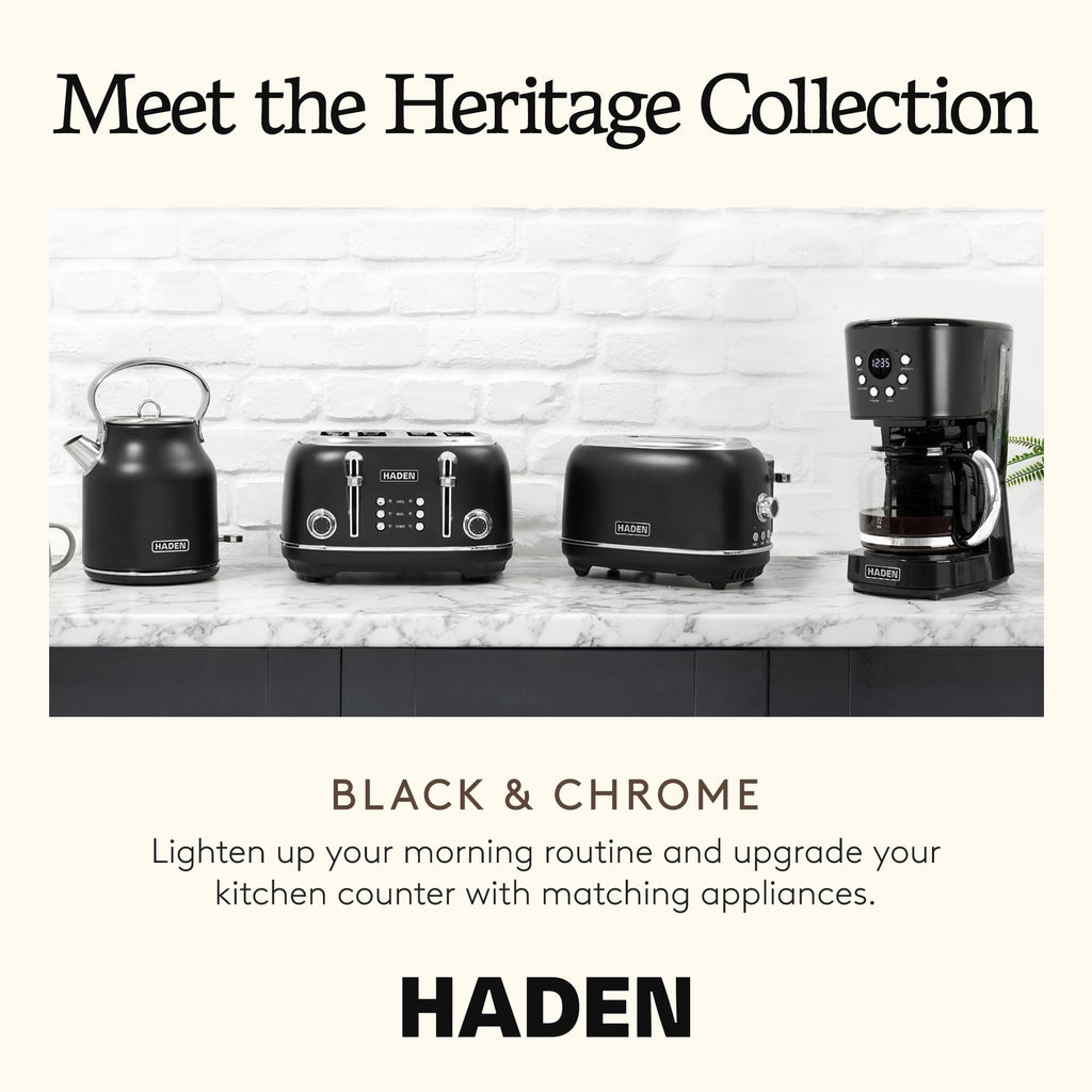 Haden Heritage 4 Slice Wide Slot Stainless Steel Toaster with Adjustable Browning Control & Non-Slip Feet, Black & Chrome