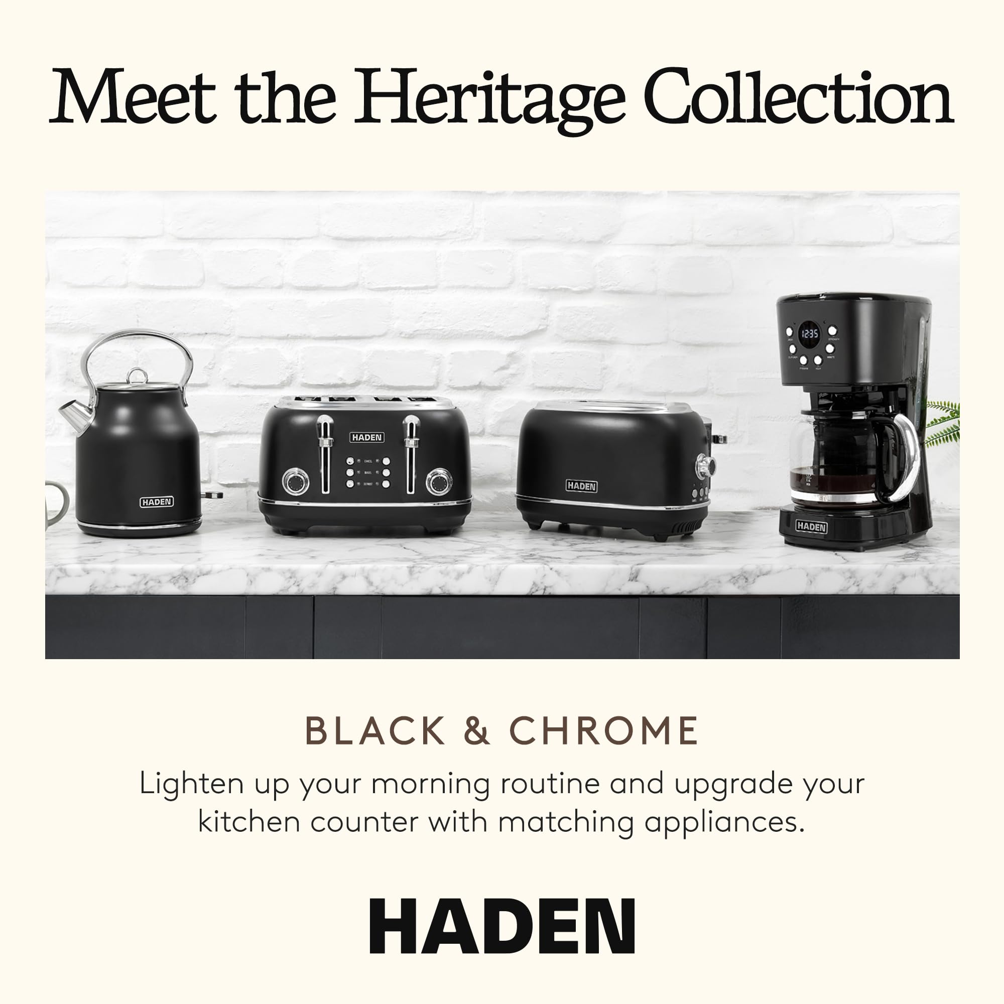 Haden Heritage 4 Slice Wide Slot Stainless Steel Toaster with Adjustable Browning Control & Non-Slip Feet, Black & Chrome