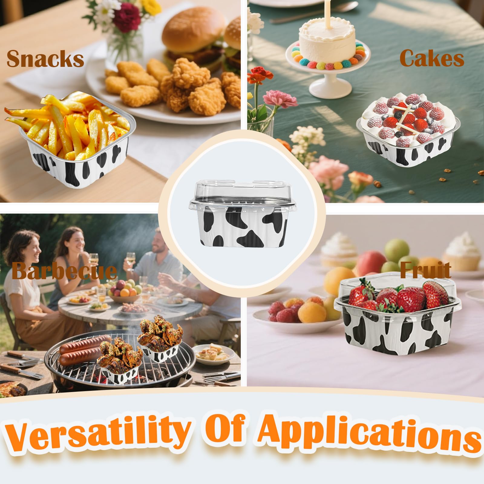 50 Pcs Mini Square Baking Cups with Lids,5oz Aluminum Foil Mini Cake Pans with Lids,Disposable Ramekins Cake Pans,150ml Dessert Cups Cupcake Pans for Wedding Birthday Party,Cowprint