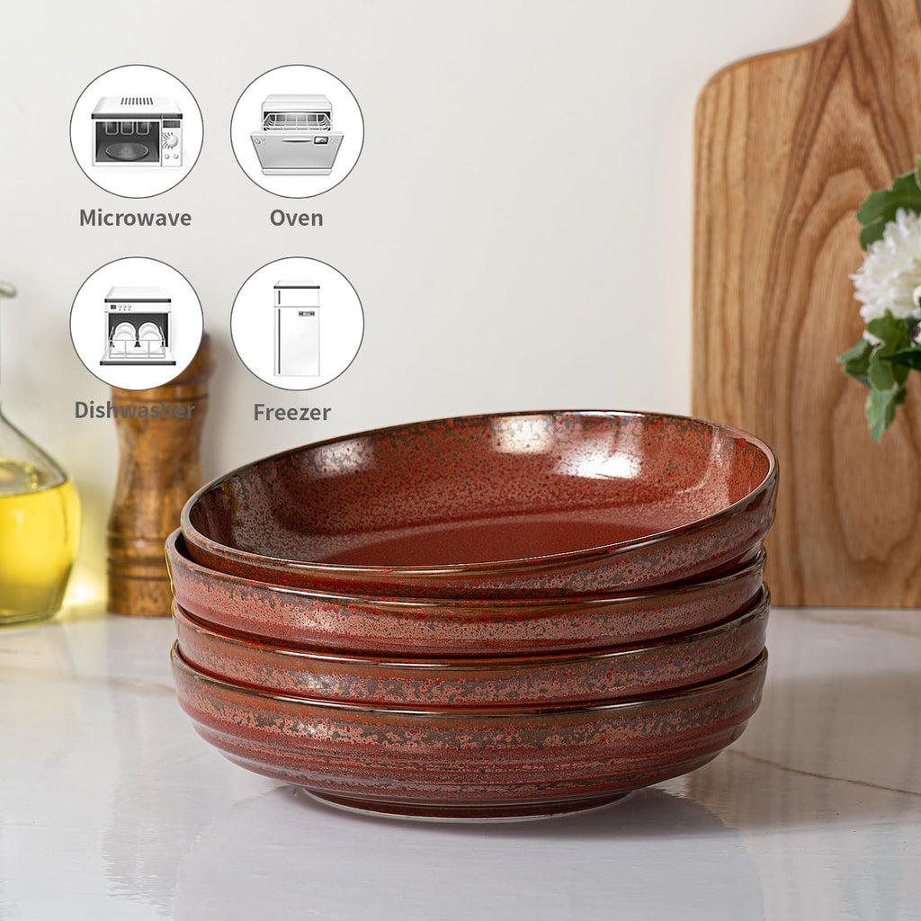 HAPPY KIT Stoneware 9'' Pasta Bowls 42oz Set of 4, Rust Red