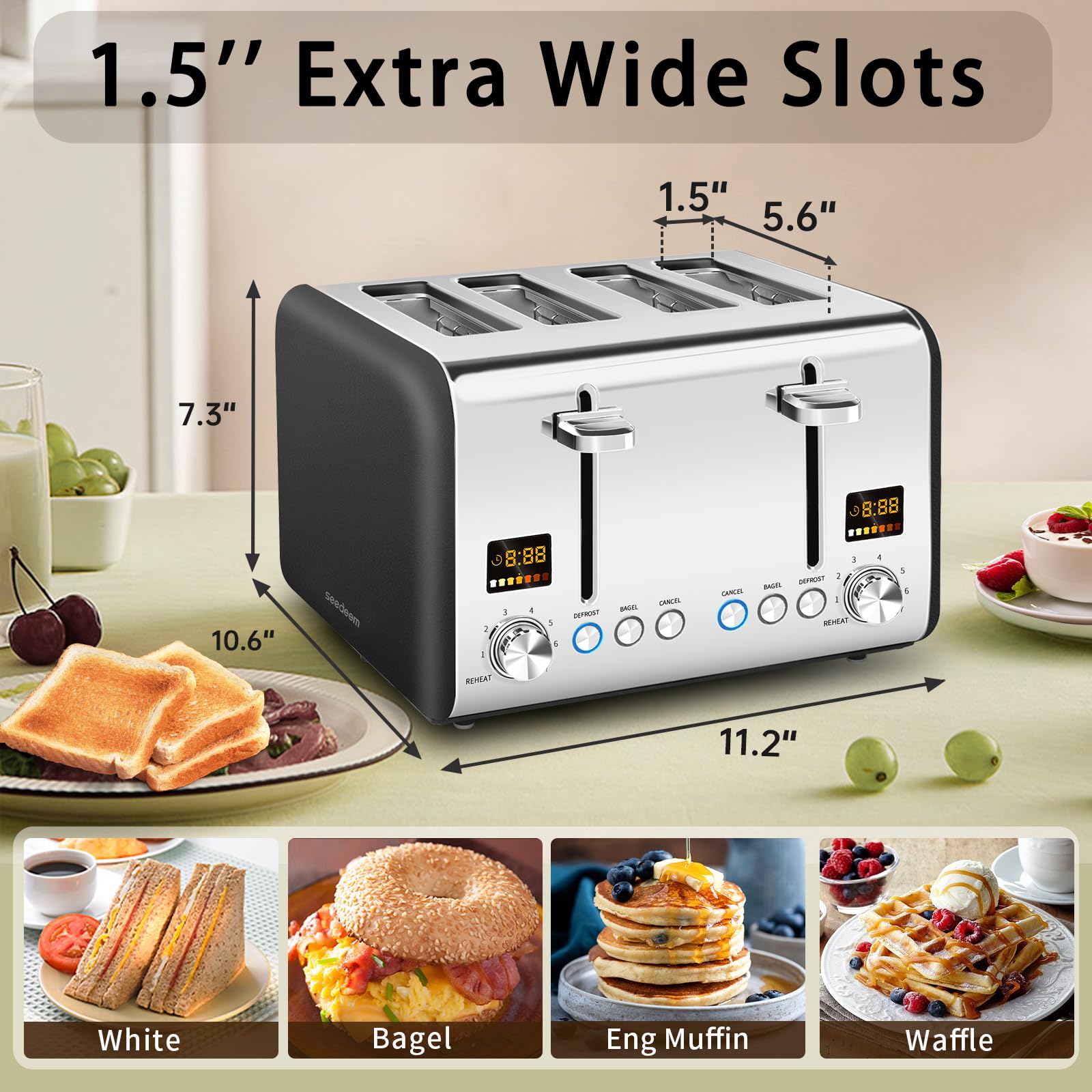 SEEDEEM 4 Slice Stainless Steel Toaster, LCD Display, Wide Slots