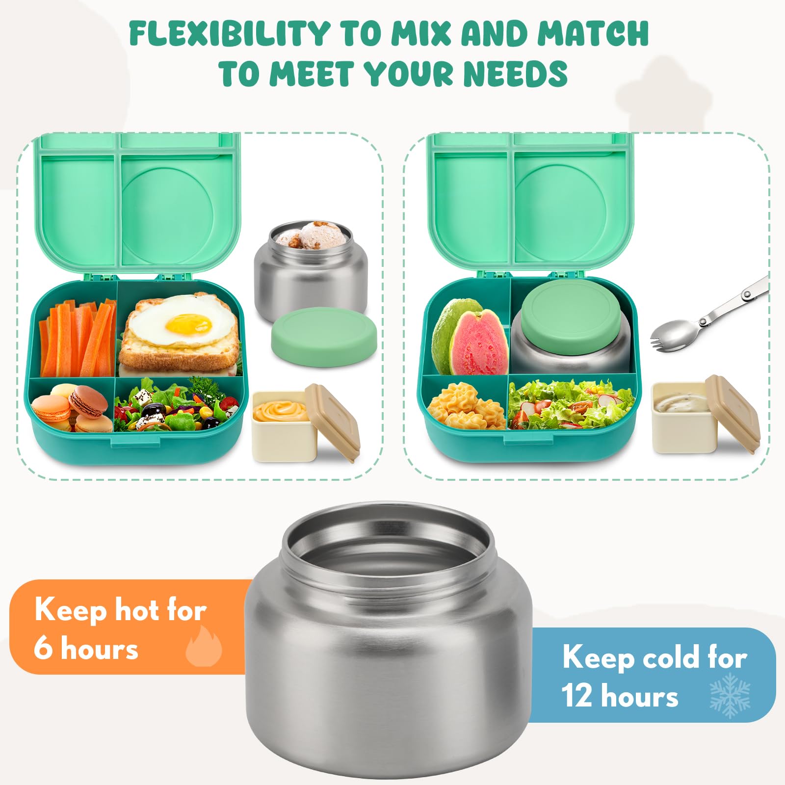 BOSEDSANG Bento Lunch Box with 12oz Soup Thermo,4 Compartments Lunch Box Containers, Spoon&Sauce Jar, BPA Free&Leak proof,Insulated Food Jar for Travel (Green)
