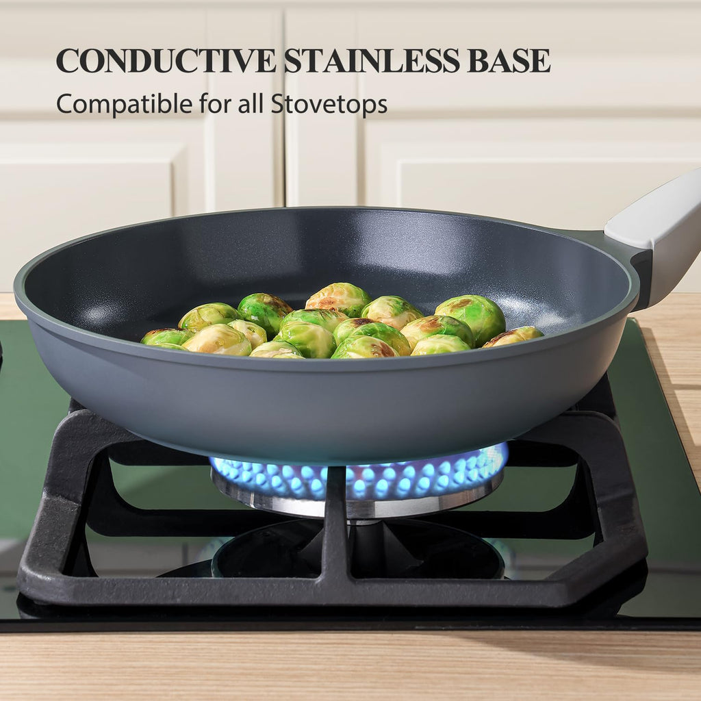 PRICUSIS Nonstick Ceramic Frying Pan, 8/10/12 Inch Non Toxic Skillet, Egg & Omelet & Chef's Pan, Induction Compatible, Dishwasher Safe,PTFE PFAS & PFOA Free (10 Inch, Gray)