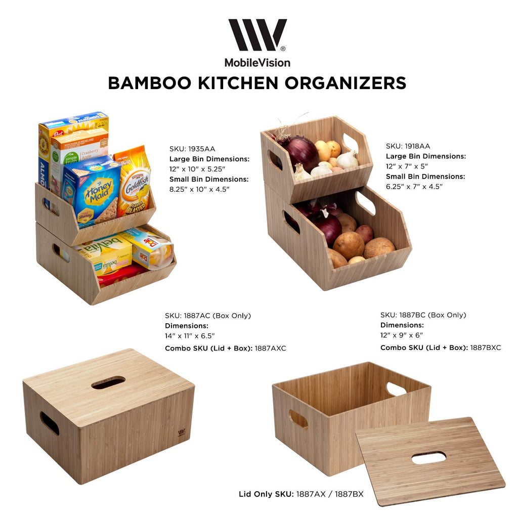 MobileVision Bamboo Storage Box Multi-Purpose Organizer for Kitchen Supplies Holder, Fruit Bin, Cabinets, Pantry with built in handles, stackable, 12” x 9” x 6” With White Clip Included