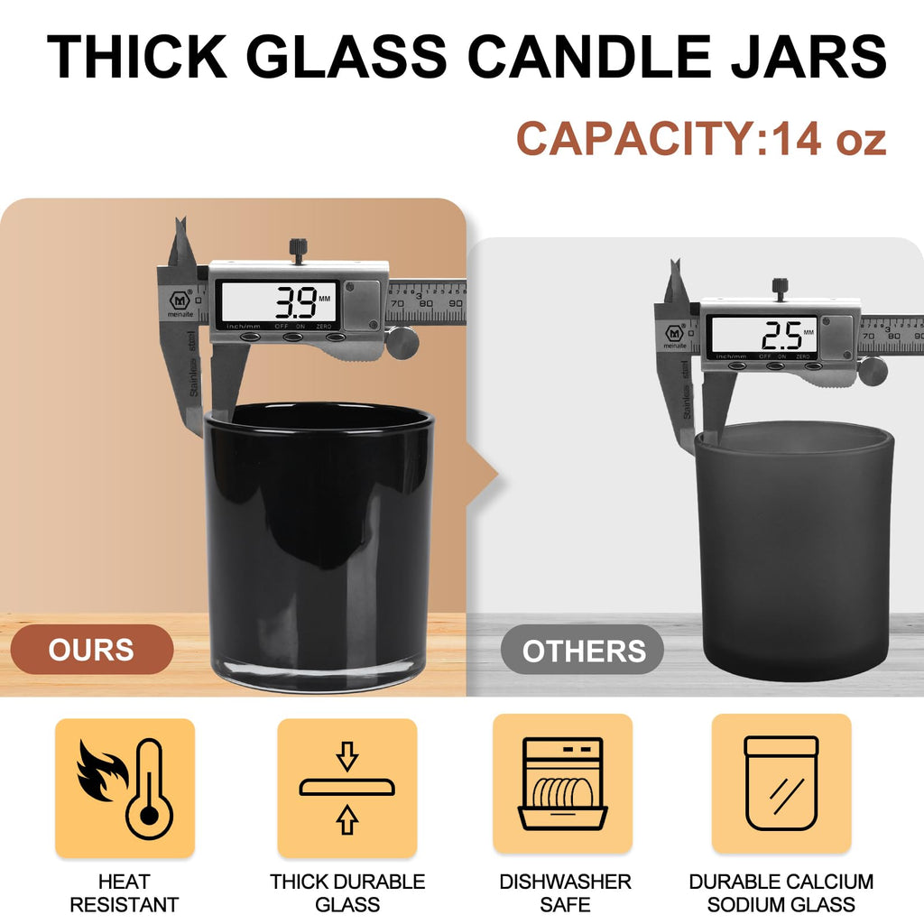 SHOWIN Thick Candle Jars for Making Candles 12 Pcs, 14 OZ Empty Jars with Wood Lids for Candle Making, Sample Container, Inner Black