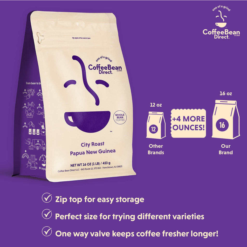 Coffee Bean Direct City Roast Papua New Guinea, Whole Bean, 1lb Bag