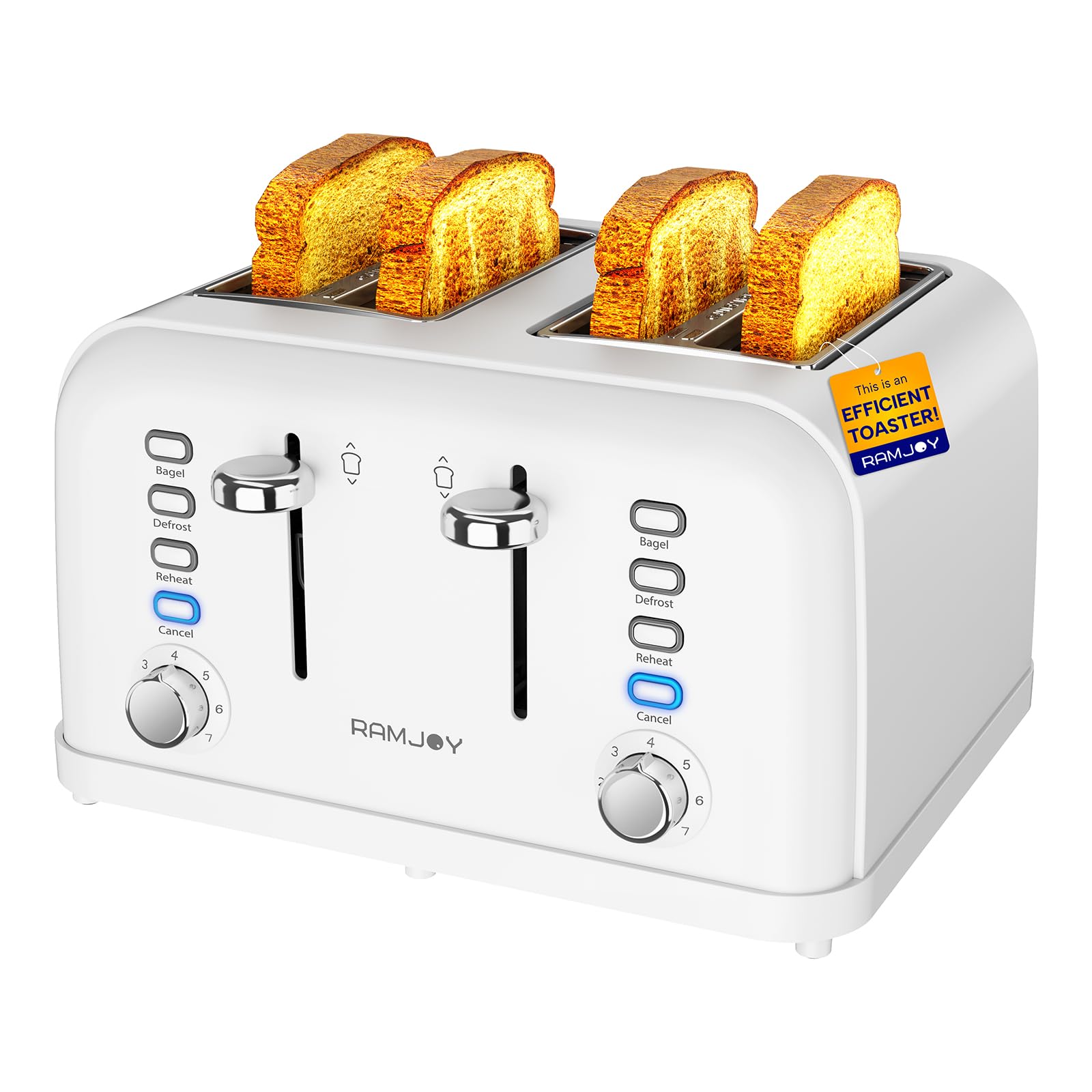 RAMJOY White Toaster 4 Slice, Dual Independent Controls, Extra Wide Slot Toasters for Bagel, Bread, Waffles, 7 Shade Settings, 4 Main Functions, Removable Crumb Tray, 1500 Watts, White Stainless Steel