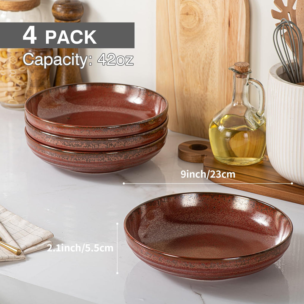 HAPPY KIT Stoneware 9'' Pasta Bowls 42oz Set of 4, Rust Red