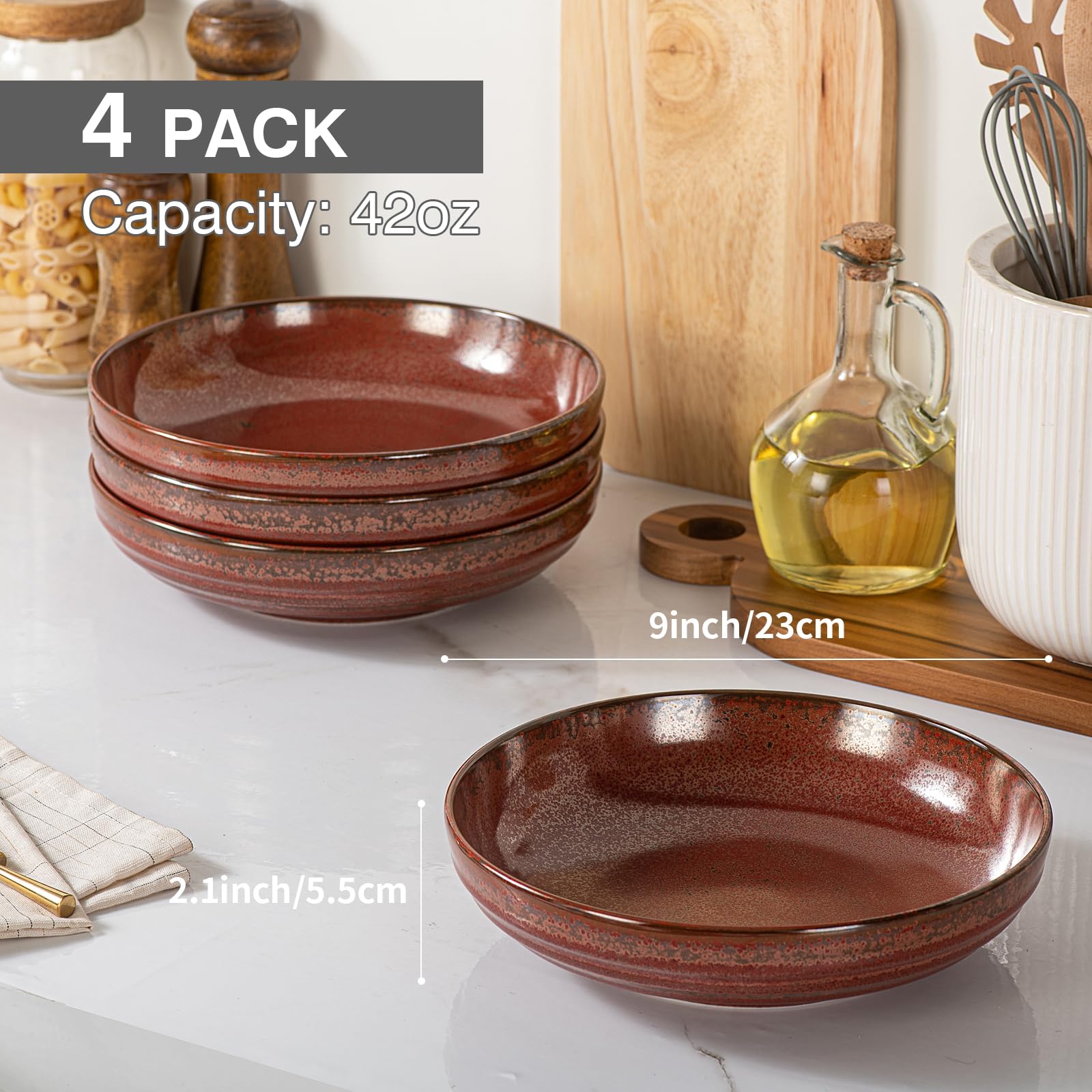 HAPPY KIT Stoneware 9'' Pasta Bowls 42oz Set of 4, Rust Red