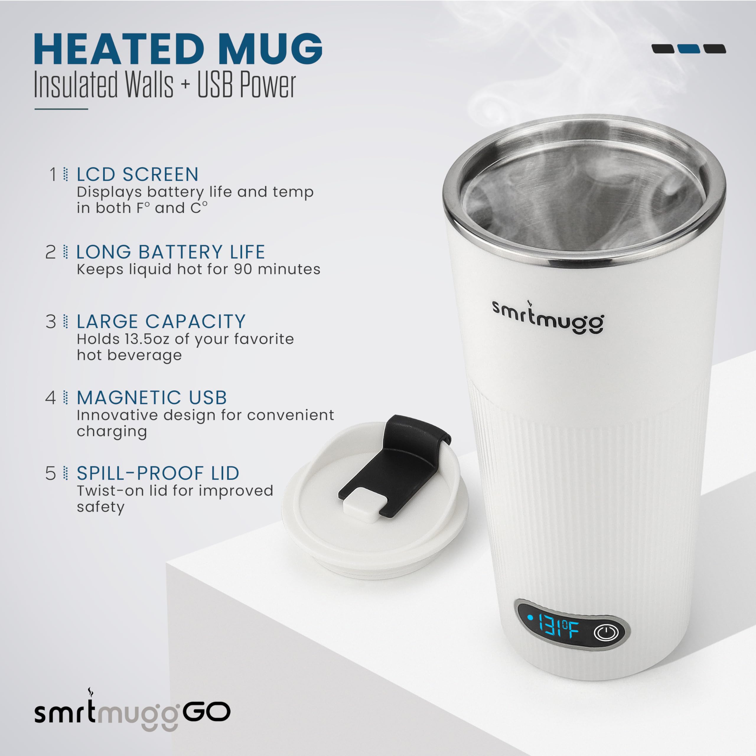 SmrtMugg GO Heated Coffee Mug, Travel Mug, 13.5 OZ. Smart Mug, Battery Powered Heated Coffee Mug, Great for Coffee and Tea, Snap on Magnetic Charging Cord, New and Improved (White)