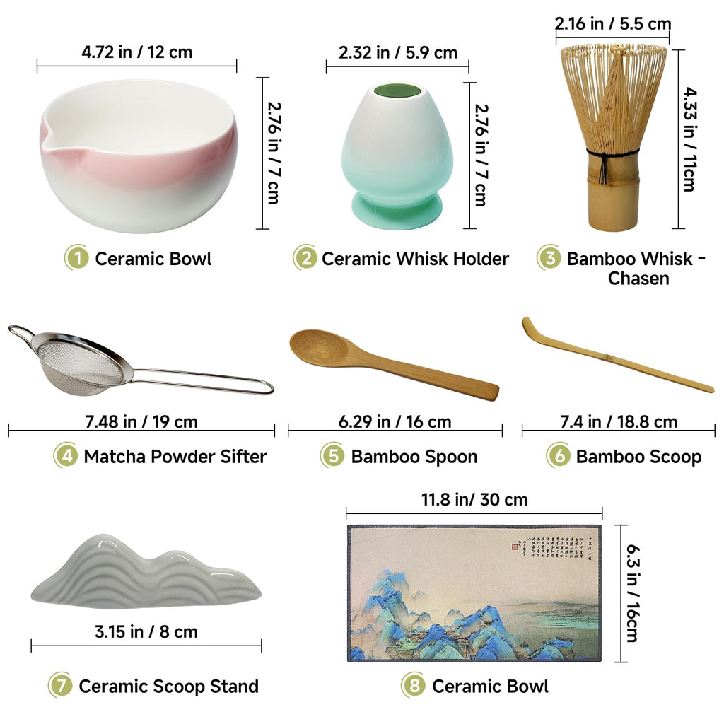 Matcha Whisk Set with Ceramic Bowl - Bamboo Whisk (Chasen), Scoop, Sifter & Holder - Complete Kit for Traditional Matcha Tea - Unique Gifts for Tea Lovers (Sakura Moss Fade)