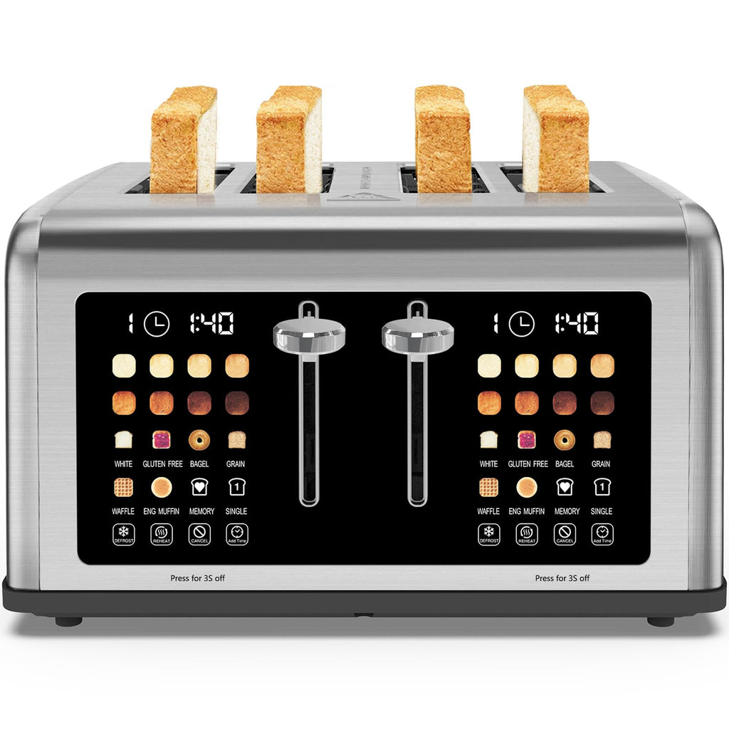 4 Slice Toaster Touch Screen, Stainless Steel Toasters Digital Timer, Dual Control Panel Toasters, 8 Shade Settings 6 Bread Types for Bagel, Cancel, Defrost 1650W Silver