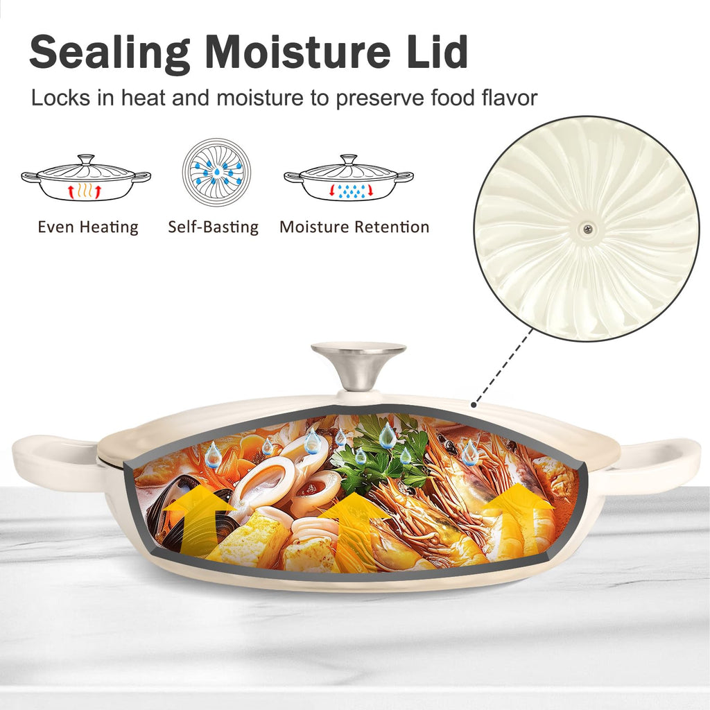 NSIRONS Enameled Cast Iron Dutch Oven, 3.8 Quart Dutch Oven Pot with Lid, Shallow Cast Iron Braiser with Handles, Oven Safe up to 500°F (Caramel White)
