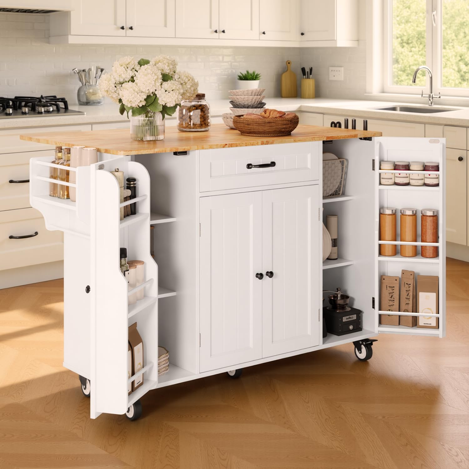 Ahomly 47.6" Kitchen Island with Storage, Drop Leaf, Knife Holder, White