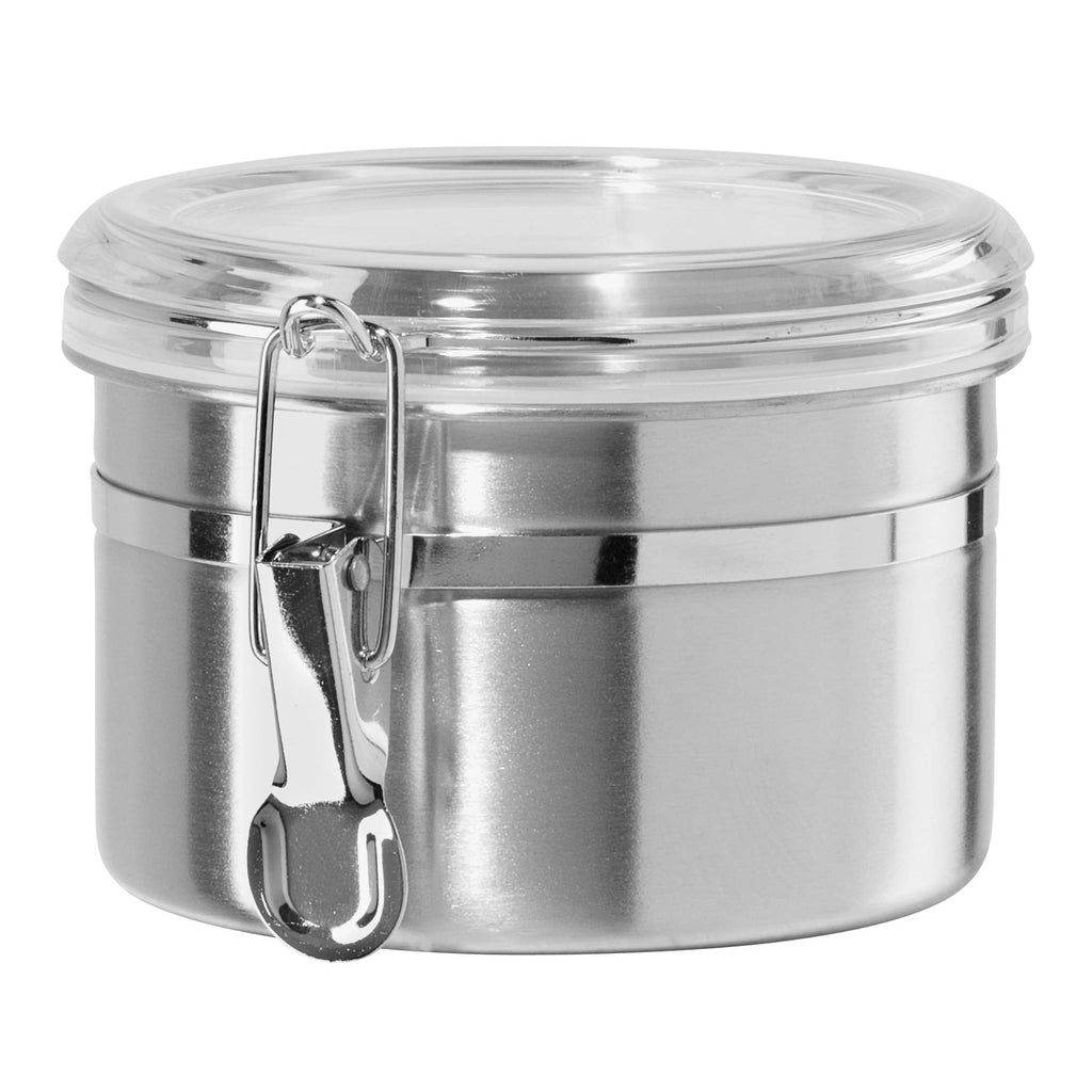 Oggi Stainless Steel Kitchen Canister 26 fl oz - Airtight Clamp Lid, Clear See-Thru Top - Ideal for Kitchen Storage, Food Storage, Pantry Storage. Size 5" x 3.5".
