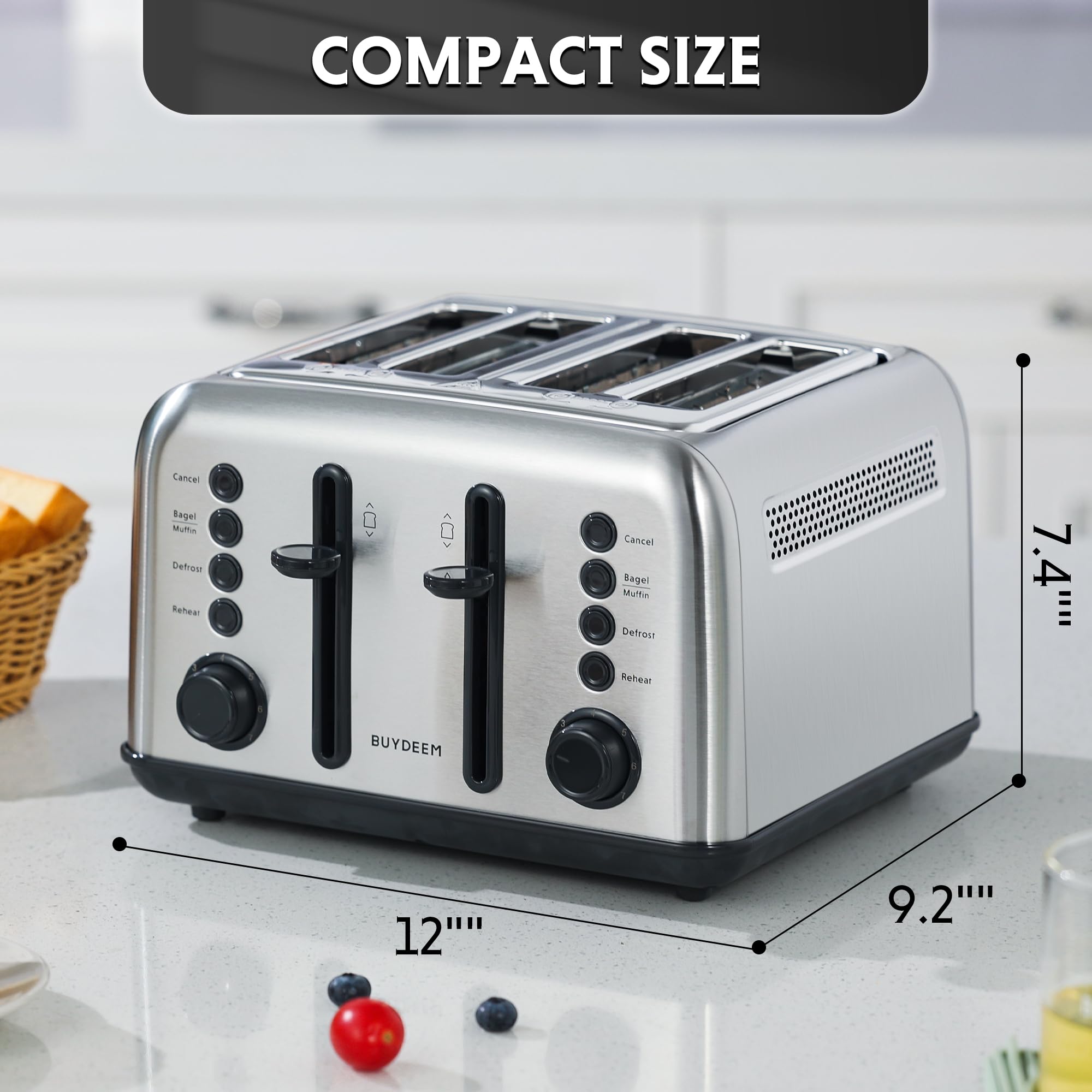 BUYDEEM DT640 4-Slice Toaster, 7 Shade Settings, Extra Wide 1.5’’ Slots for Bagel & English Muffin, 6 Toasting Functions, Retro Stainless Steel Toaster with High Lift Lever, 1800W, Retro Silver