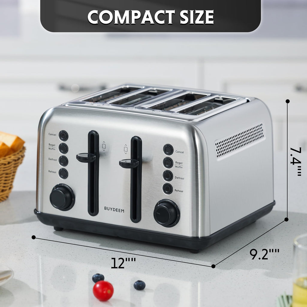 BUYDEEM DT640 4-Slice Toaster, 7 Shade Settings, Extra Wide 1.5’’ Slots for Bagel & English Muffin, 6 Toasting Functions, Retro Stainless Steel Toaster with High Lift Lever, 1800W, Retro Silver