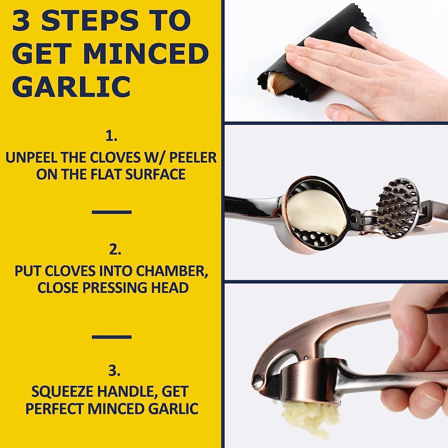 Premium Garlic Press Stainless Steel - Elevate Your Culinary Experience with Our Premium Garlic Mincer, Crusher & Peeler Set, Dishwasher Safe & Rust-proof (Bronze)