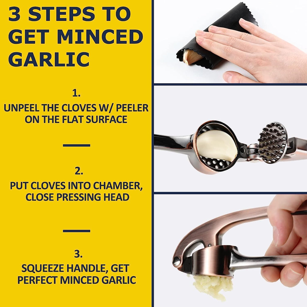 Premium Garlic Press Stainless Steel - Elevate Your Culinary Experience with Our Premium Garlic Mincer, Crusher & Peeler Set, Dishwasher Safe & Rust-proof (Bronze)