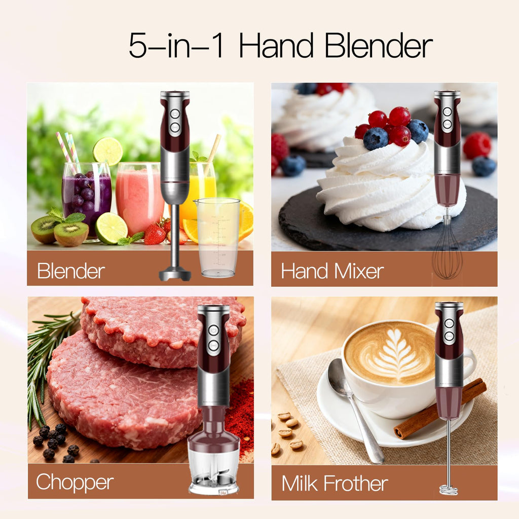 MegaWise 3-in-1 Hand Blender Set with Variable Speed Control, 400W Immersion Blender - Includes Whisk, Milk Frother, Chopper, and Beaker for Smoothies, Soups, and Baby Food (RED)