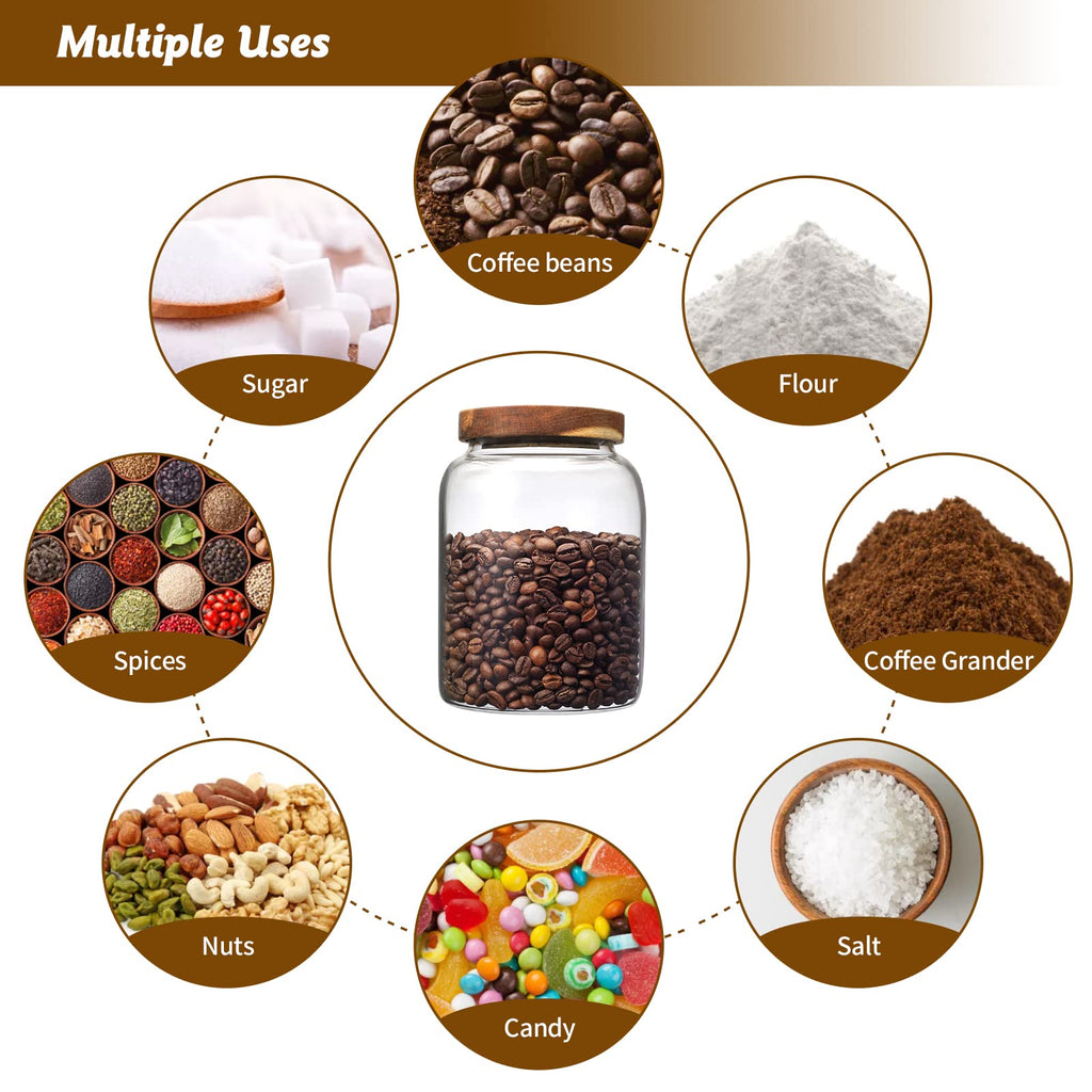 OULOVECO Glass Coffee Storage Jar with Lids Scoop Round Glass Coffee Ground Containers Borosilicate Glass Food Canister for Cereals Oats Beans Nut Sugar Candy Spice Rice Tea