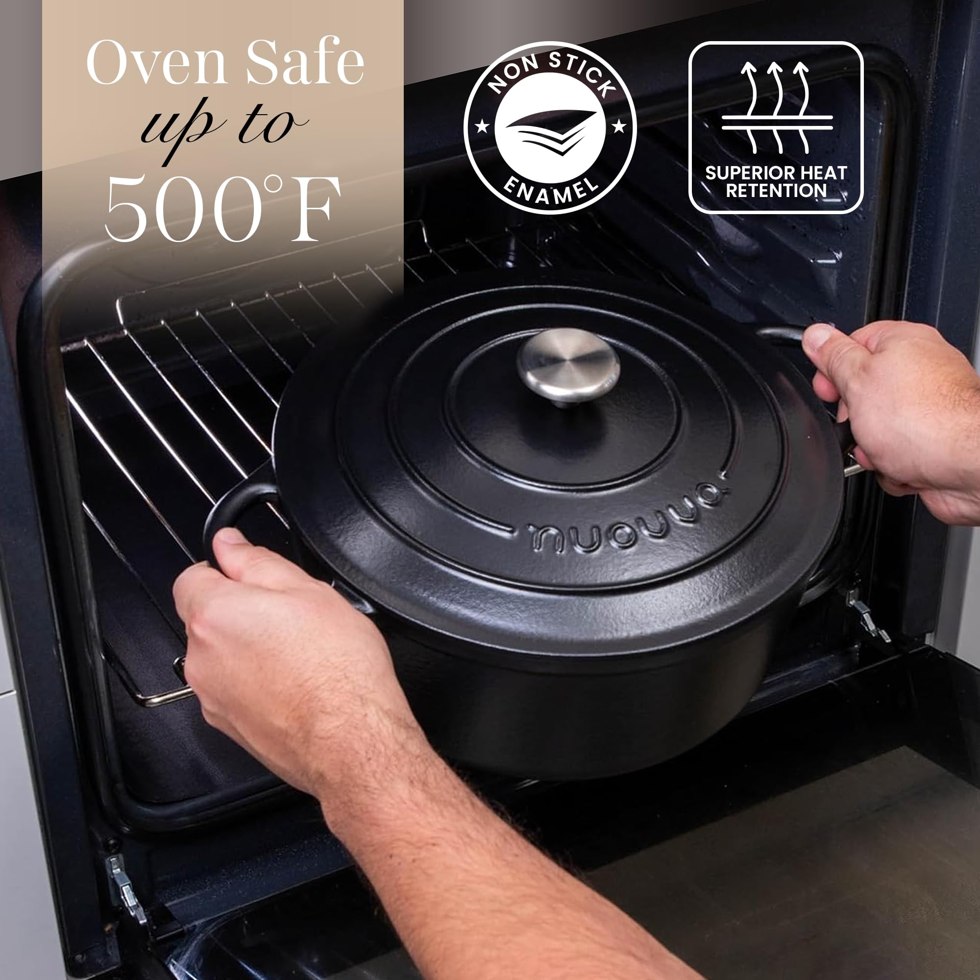 Nuovva Enamelled Cast Iron Dutch Oven Pot with Lid – 6.4 Quart Non Stick Casserole Pot – Heavy Duty & Oven Safe up to 500° F for Bread Baking, Braising, Stews, Roasting – 28cm Black