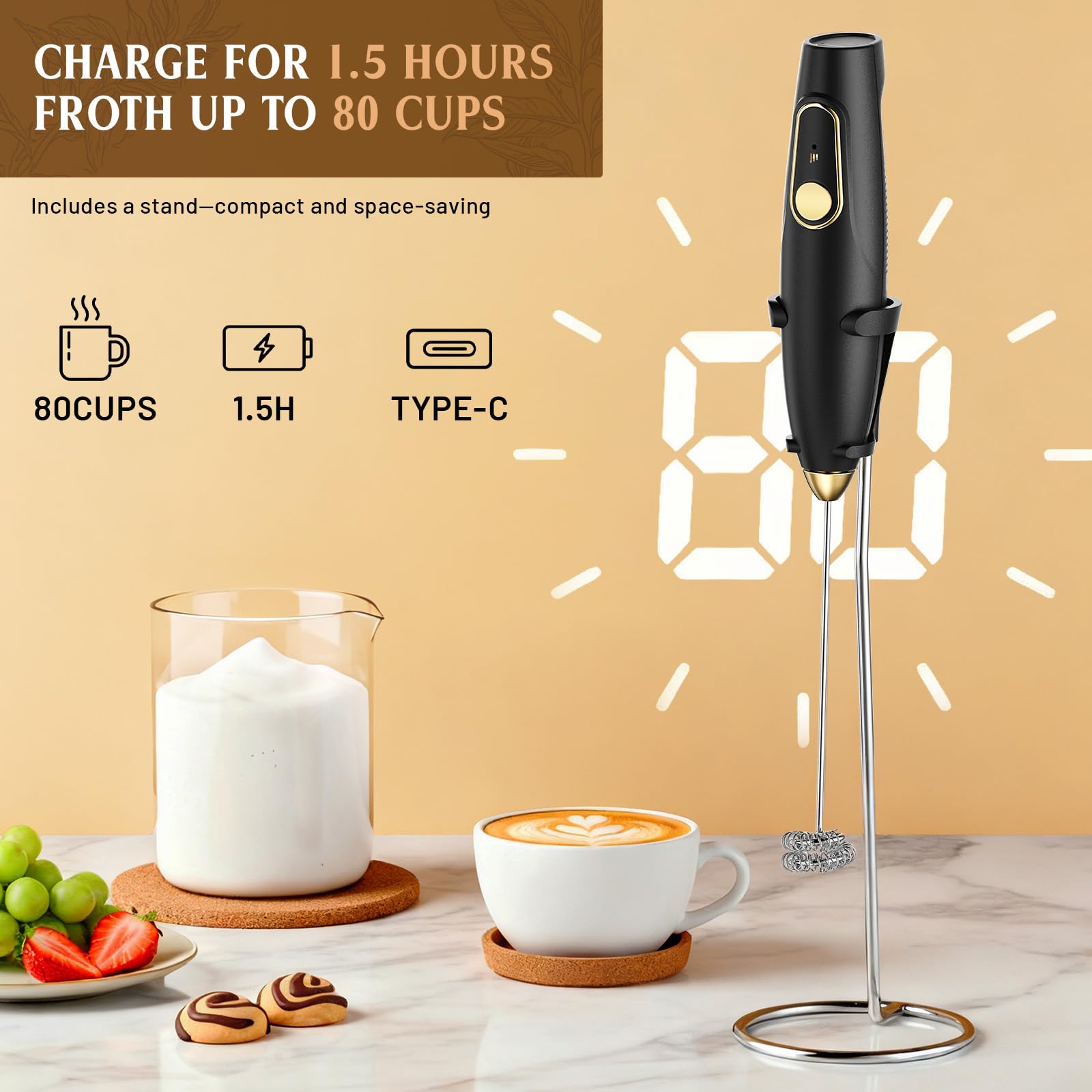 Rechargeable Milk Frother Wand with Stand, Electric Handheld Coffee Frother with 3 Detachable Whisks, Travel Milk Foamer for Protein Powder, Drinks, Espumador de Leche Electrico Black
