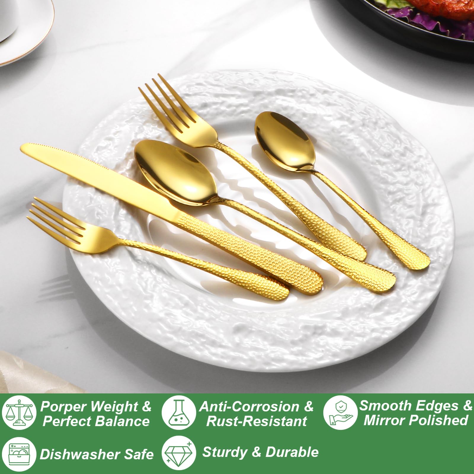 40 Pcs Gold Silverware Set for 8, Food Grade Stainless Steel Flatware Set, Eating Utensils Sets Include Fork/Knife/Spoon, Reusable Cutlery Set for Home Kitchen, Dishwasher Safe, Wave Hammered