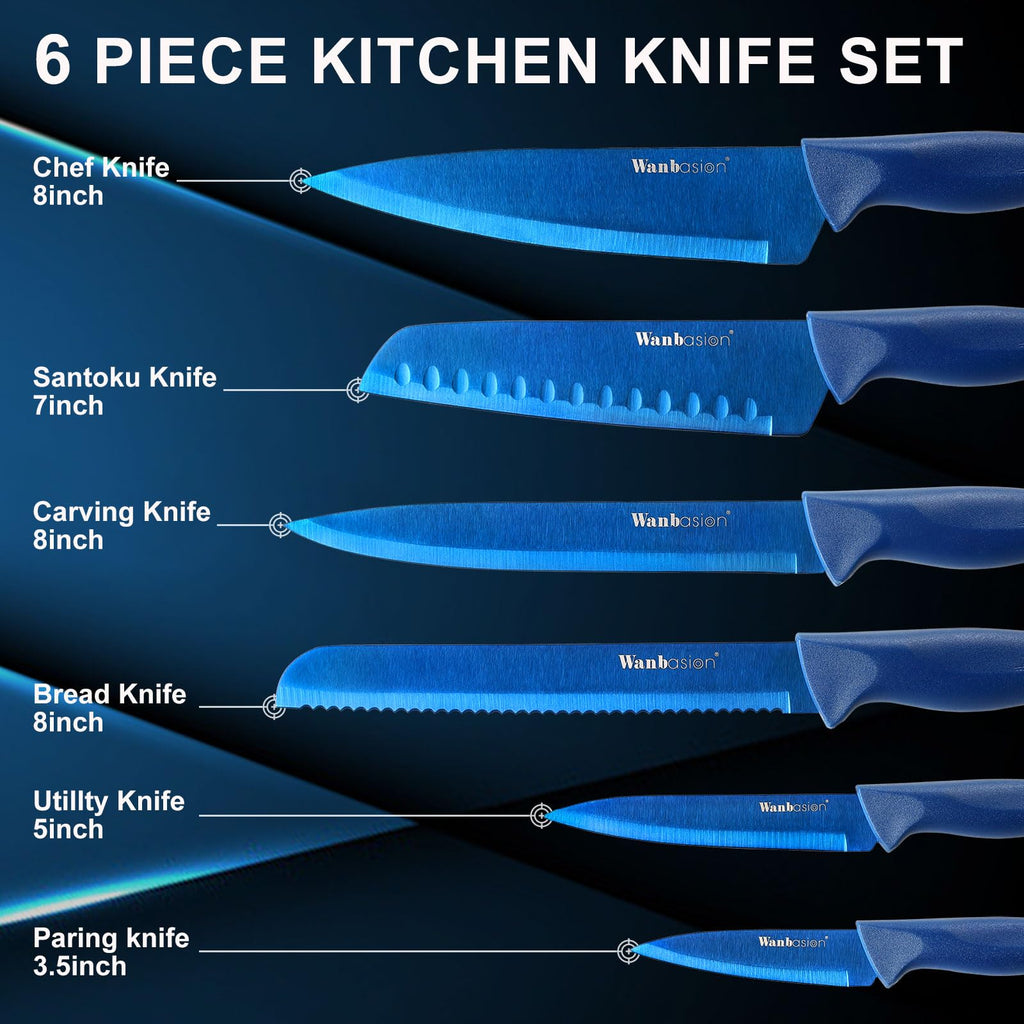 Wanbasion Blue Professional Kitchen Knife Chef Set, Stainless Steel, Dishwasher Safe with Sheathes