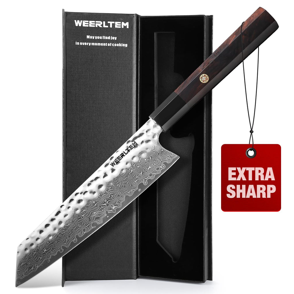 WEERLTEM Kiritsuke Chef Knife 8 Inch, Hand-forged 67-Layer VG10 High Carbon Steel Japanese Damascus Chef Knife, Ultra Sharp Hammered Damascus Chef Knife with Octagonal Ebony Handle & Gift Box