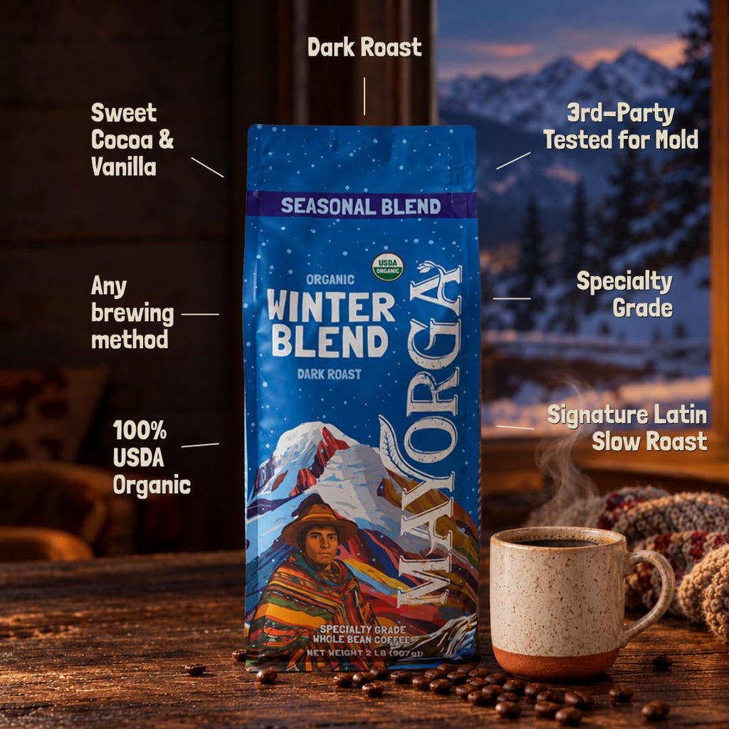 Mayorga Seasonal Dark Roast Coffee, 2 lb bag - Winter Blend Coffee Roast - 100% Arabica Whole Coffee Beans - Bold & Smooth Organic Coffee - Specialty Grade, Non-GMO, Direct Trade, Kosher