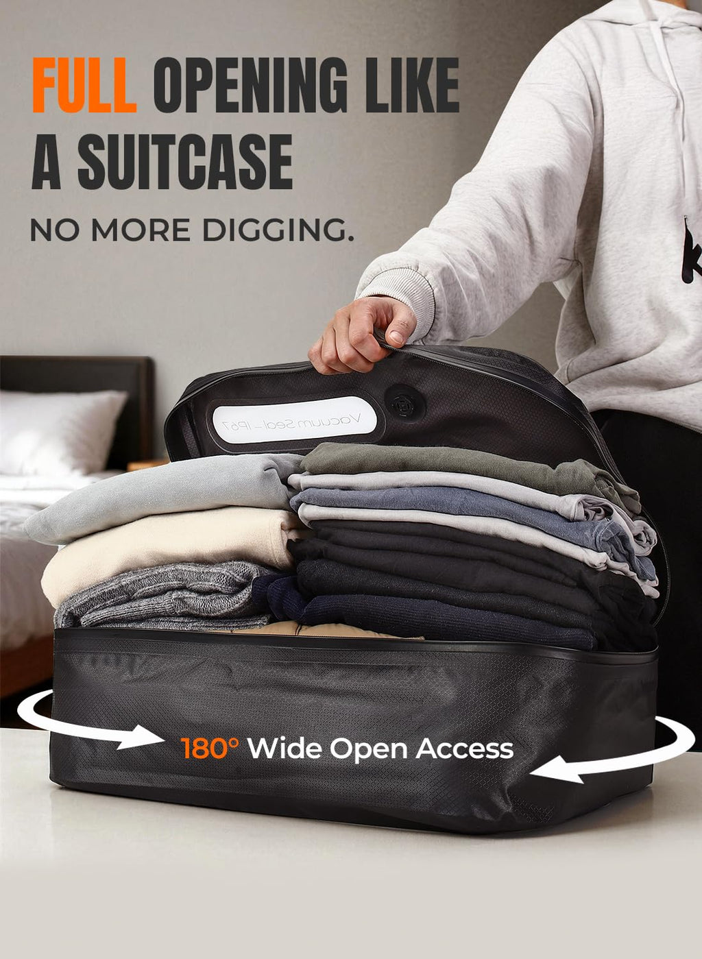 POIXM Vacuum Bags for Travel with Wireless Pump, 180° Open Zipper, IP67 Waterproof, Reusable Space Saver Compression Bags for Backpack, Suitcase, Home Storage(1 Pack + Pump)