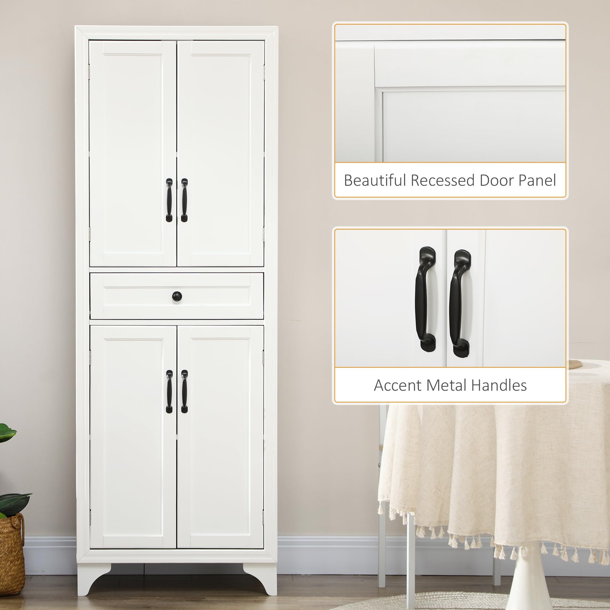 HOMCOM 67" Tall Freestanding Kitchen Pantry Cabinet 4-Door Drawer White