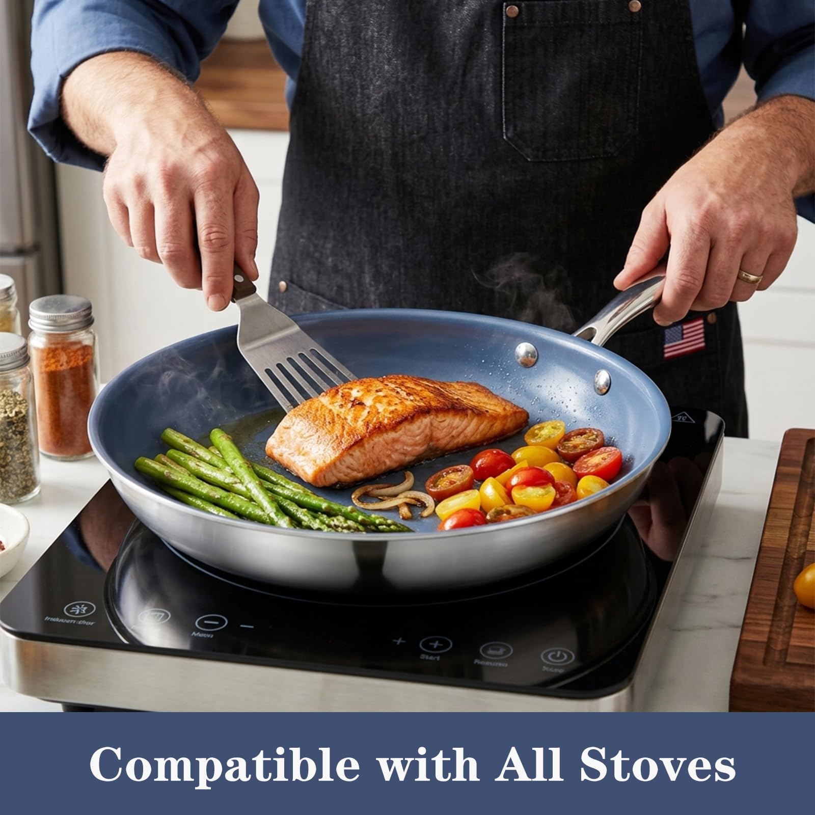 Ephaclad Stainless Steel Nonstick Frying Pan,8 Inch Healthy Non Toxic Ceramic Coating Cookware Works on Induction, Electric Stove and Gas Cooktops,PTFE PFAS PFOA Free Skillet,Dishwasher&Oven Safe