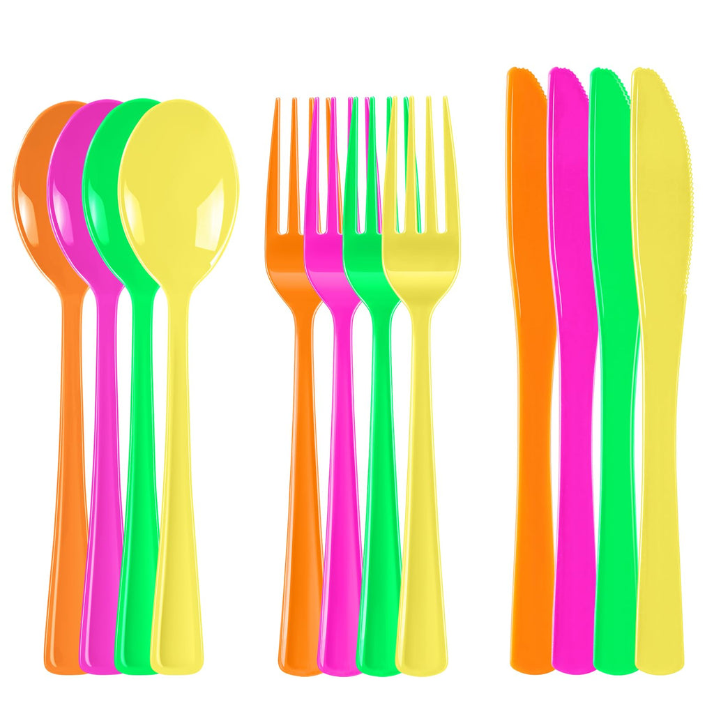 ALEXPRE 300 Pack Neon Party Disposable Plastic Silverware Heavy Duty, Plastic Cutlery Set, Forks and Spoons Knives Set for Birthday Party Prom Night, Weddings（Orange,Green, Hot Pink, Yellow Colors）