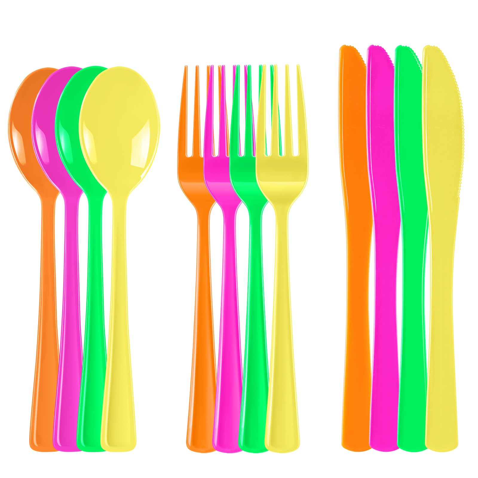 ALEXPRE 300 Pack Neon Party Disposable Plastic Silverware Heavy Duty, Plastic Cutlery Set, Forks and Spoons Knives Set for Birthday Party Prom Night, Weddings（Orange,Green, Hot Pink, Yellow Colors）