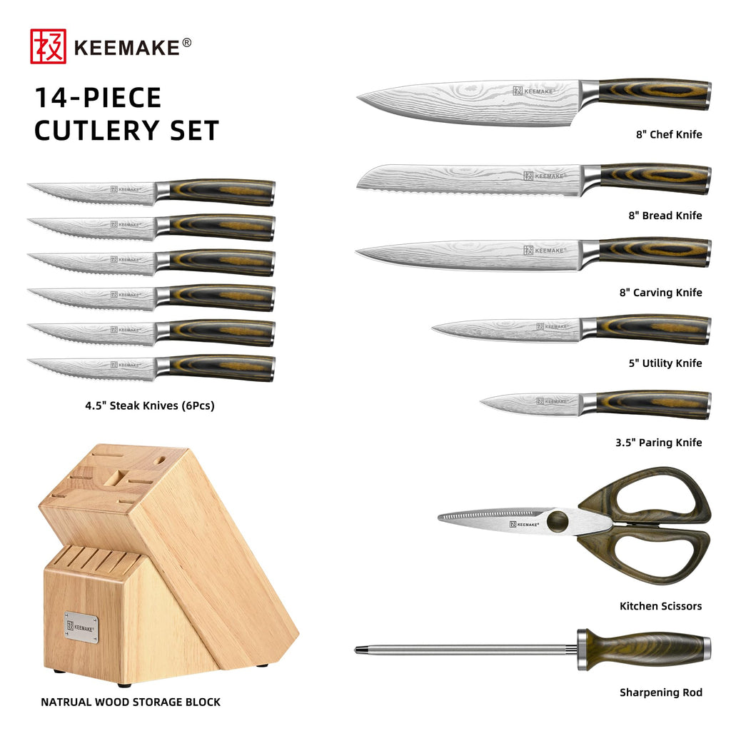 KEEMAKE 14 Piece Kitchen Knife Set with Wood Block