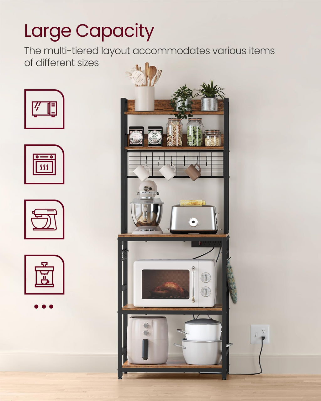 VASAGLE Bakers Rack with Power Outlet, Microwave Stand, Kitchen Tall Utility Storage Shelf, with Metal Wire Panel, 14 Hooks, 15.7 x 23.6 x 66.9 Inches, Rustic Brown and Ink Black UKKS037B01