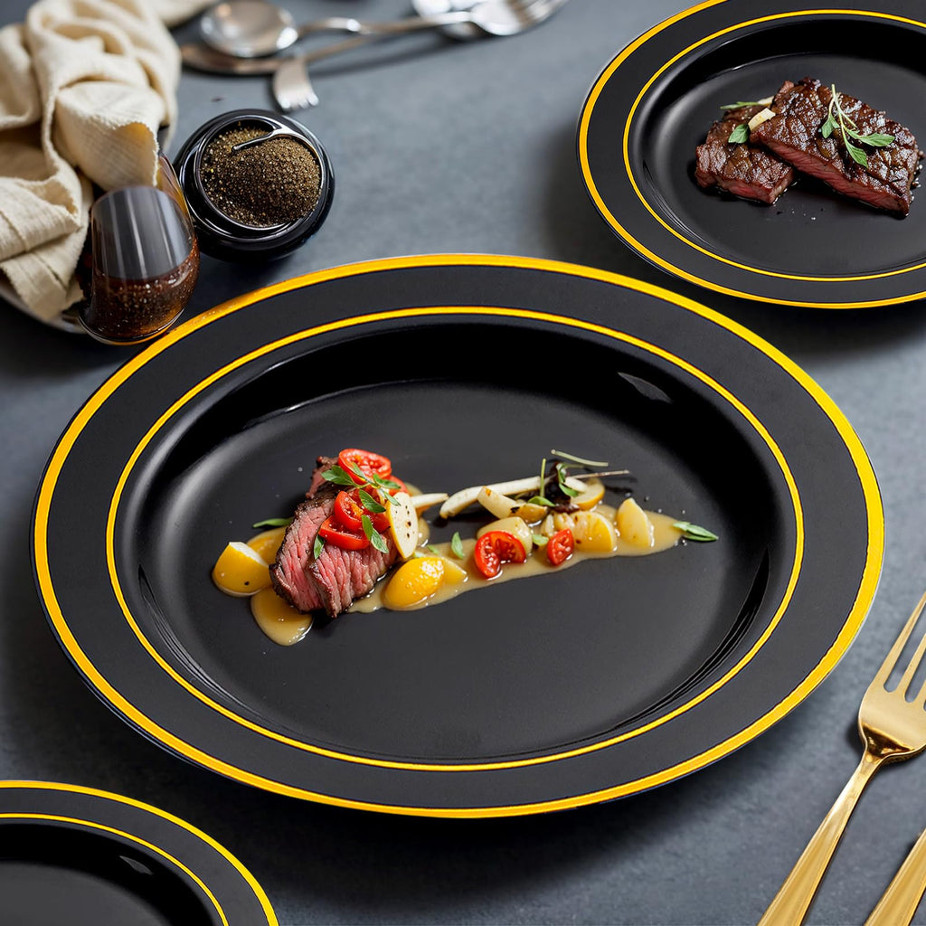 bUCLA 150 Pieces Black and Gold Disposable Dinnerware Set - 25 Guests Black Gold Plastic Plates Include 25 Dinner & 25 Dessert Plates, 25 Spoons, 25 Forks, 25 Knives, 25 Cups for Party & Graduation