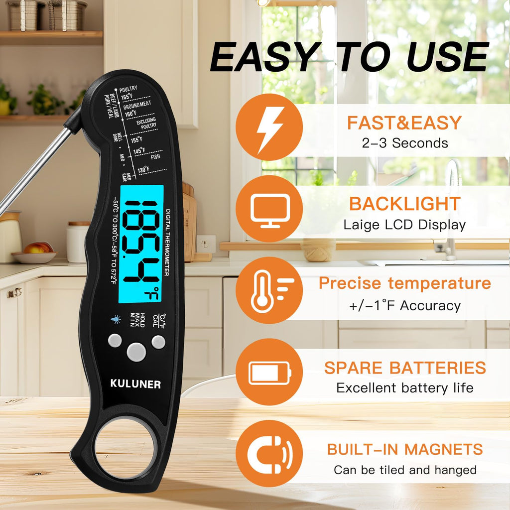 KULUNER Digital Meat Thermometer Instant Read, Waterproof Probe with Backlight & Calibration, Ultra Fast 2-3s Reading, Stainless Steel Kitchen Food Thermometer for Grilling BBQ Cooking Candy - Black