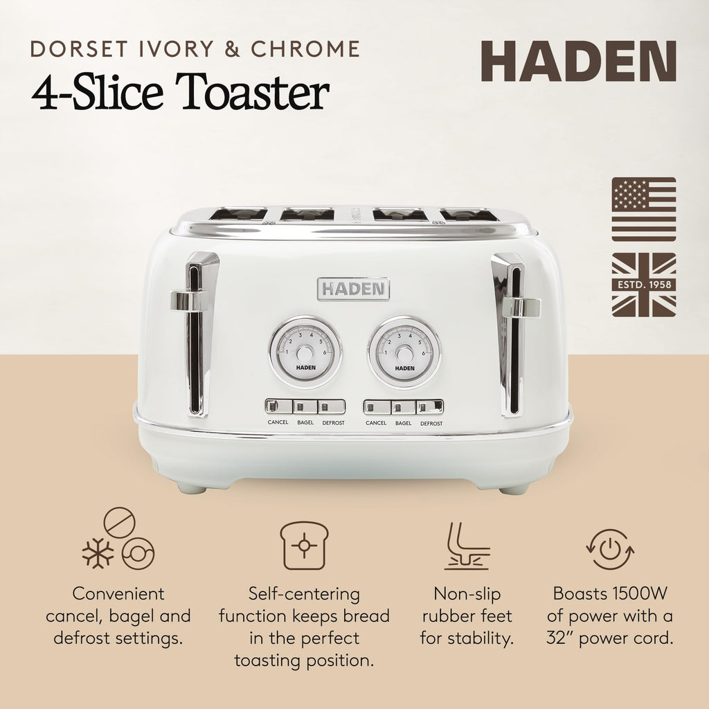 Haden Dorset 4 Slice Wide Slot Stainless Steel Toaster with Adjustable Browning Control & Non-Slip Feet, Ivory & Chrome