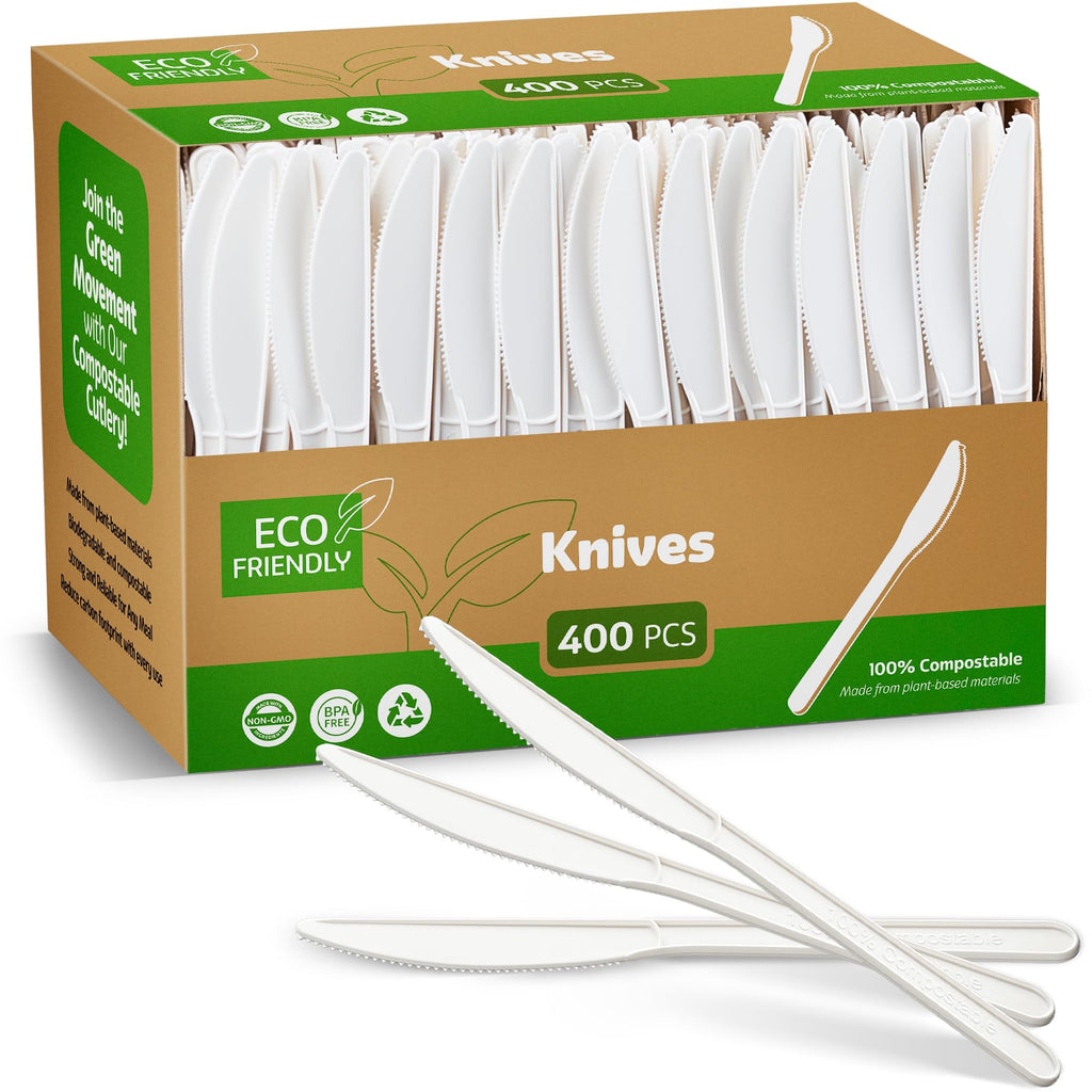 Elegant Disposables 100% Compostable PLA Knives Bulk Pack 400 Pcs Biodegradable Disposable Plastic Cutlery Utensils