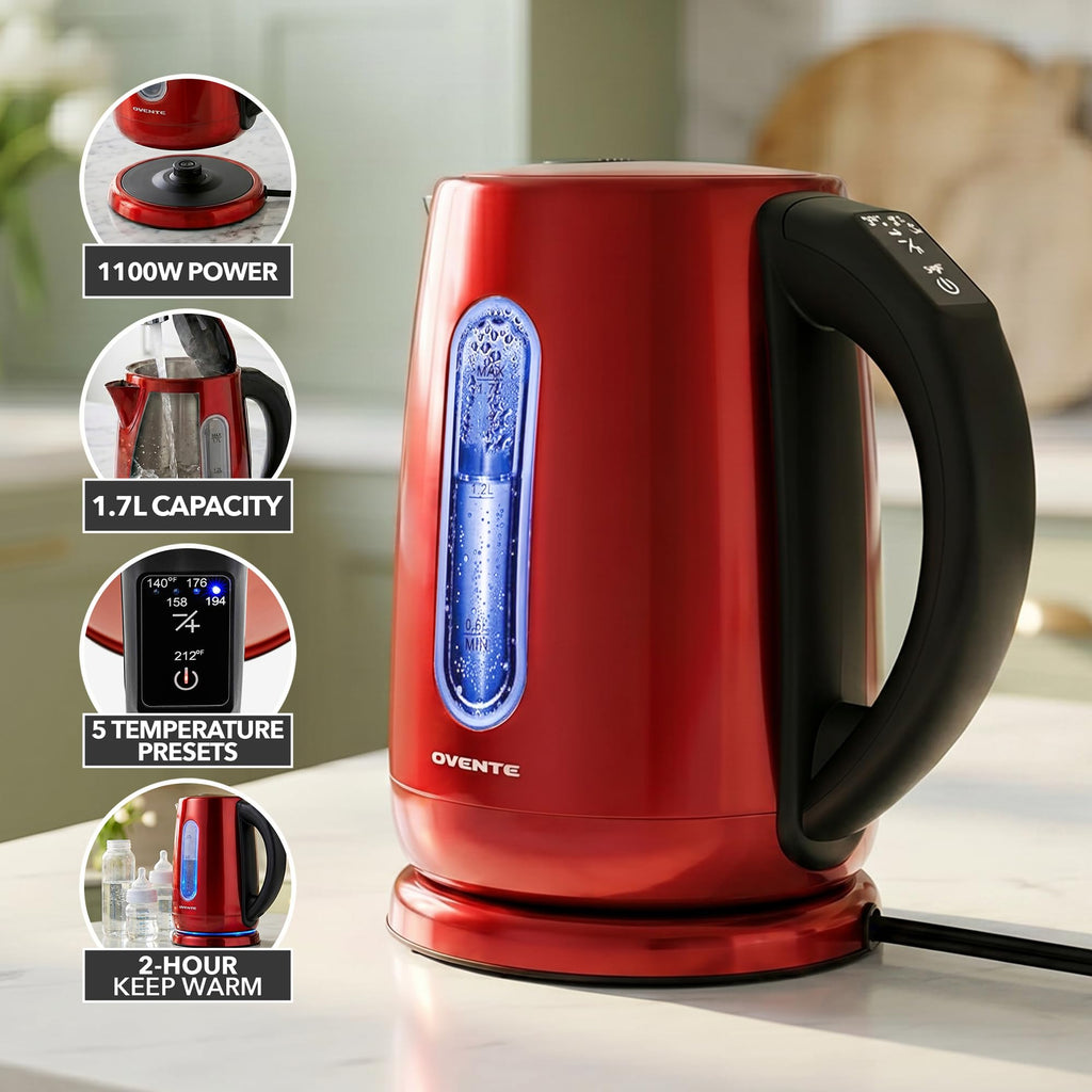 OVENTE Stainless Steel Electric Kettle with 5 Preset Settings, Red KS58R