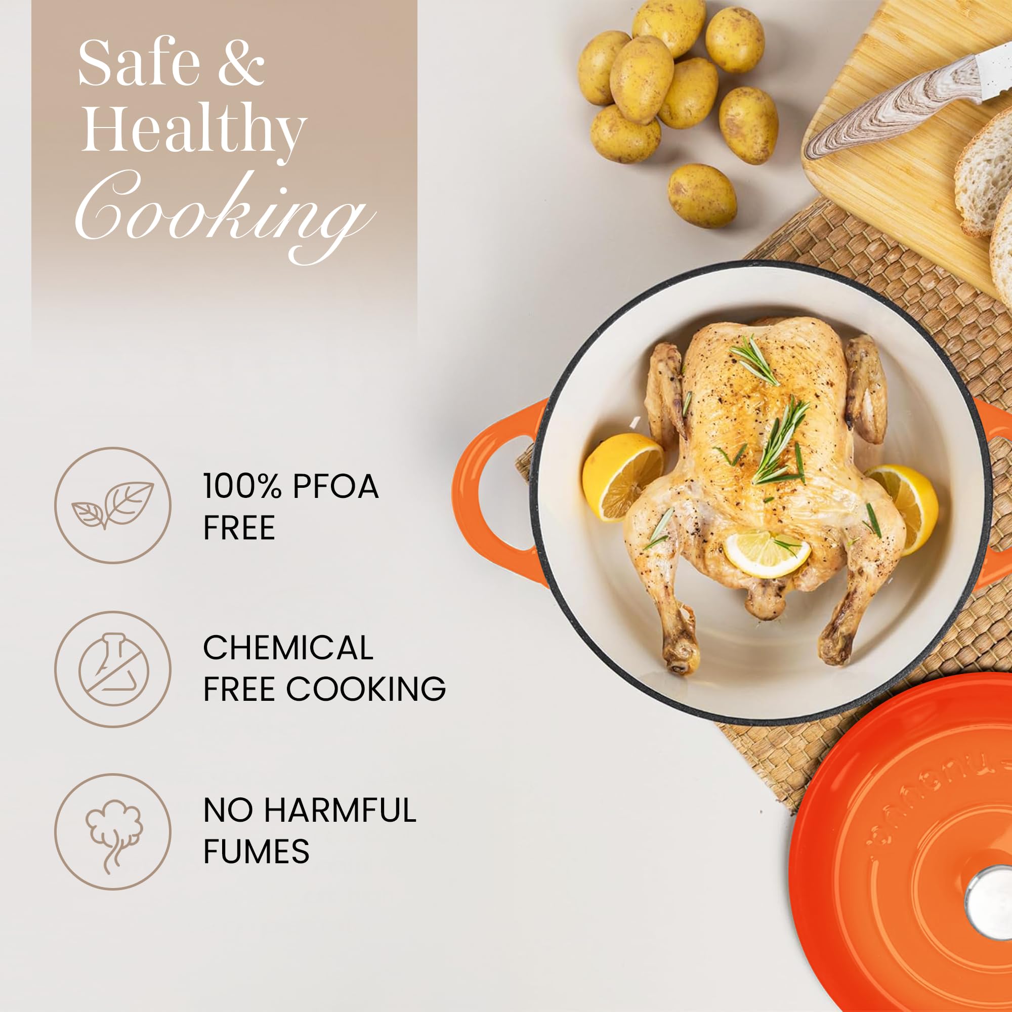 Cast Iron Pot with Lid-Non-Stick Ovenproof Enamelled Casserole Pot, Oven Safe up to 500° F-Sturdy Dutch Oven Cookware - Orange, 5-Quart, 24cm by- Nuovva