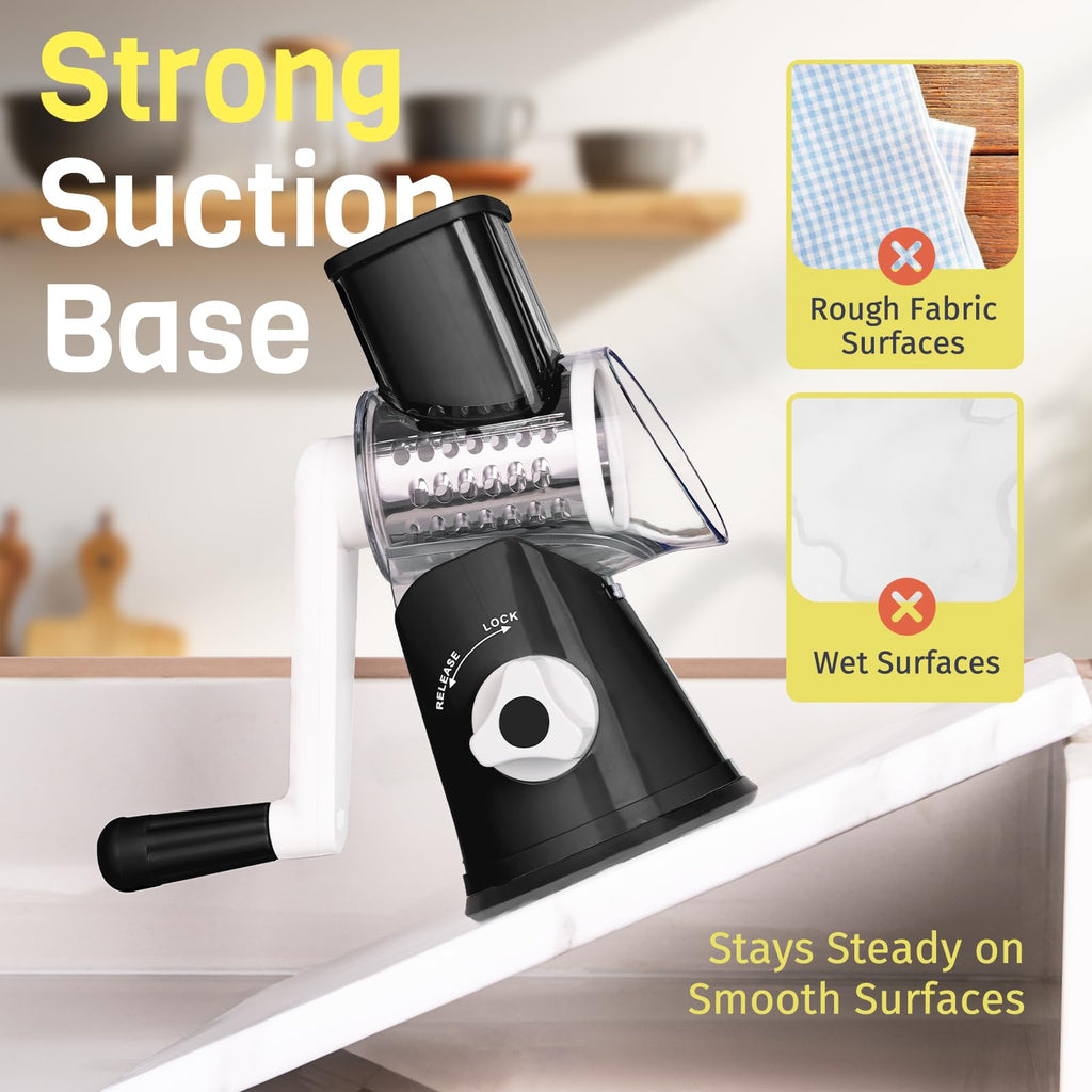 Cheese Grater Hand Crank, Rotary Cheese Shredder with 3 Interchangeable Blades for Coarse, Fine Shredding and Slicing, Strong Suction Base for Pizza, Pasta, Salad, Vegetables, Nuts, Chocolate